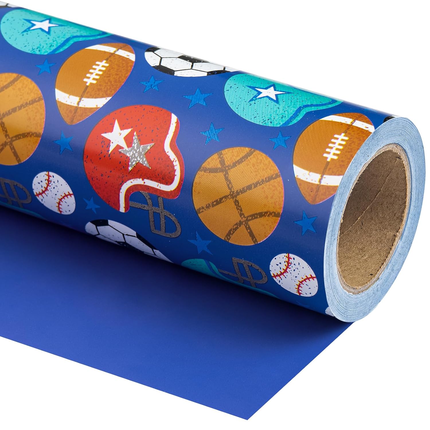 Reversible Football Wrapping Paper - Mini Roll - 17 Inch X 33 Feet - Ball Design With Solid Blue Design For Birthday, Holiday, Baby Shower