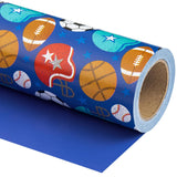 Reversible Football Wrapping Paper - Mini Roll - 17 Inch X 33 Feet - Ball Design With Solid Blue Design For Birthday, Holiday, Baby Shower
