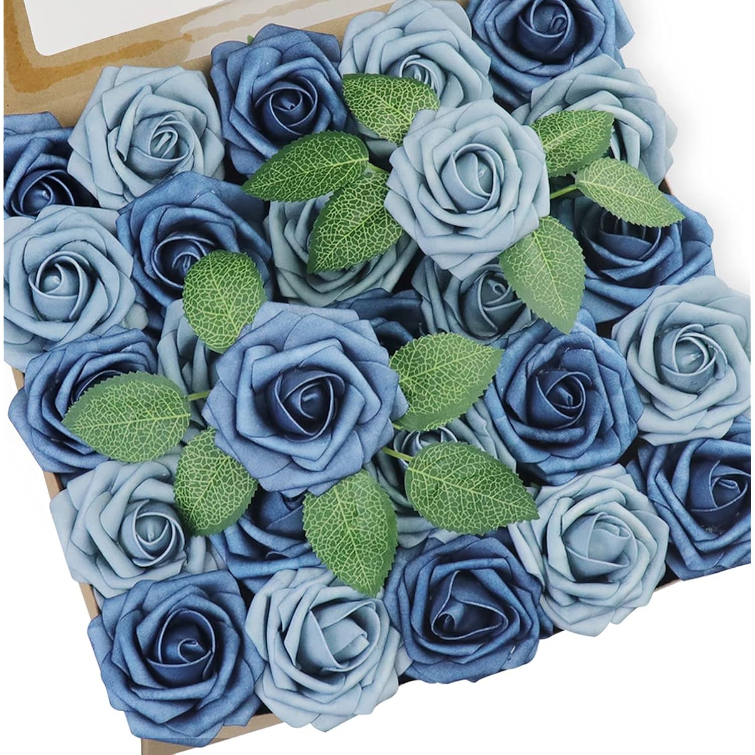 50Pcs Artificial Flower?Real Touch Foam Roses W/Stem Diy For Wedding Bouquet Centerpieces Party Shower Home Decor-Dusty Blue Shades
