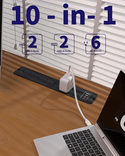 Flush Mount Desk Power Strip 10 Outlets 2 USB-A 2 USB-C 6FT Cord