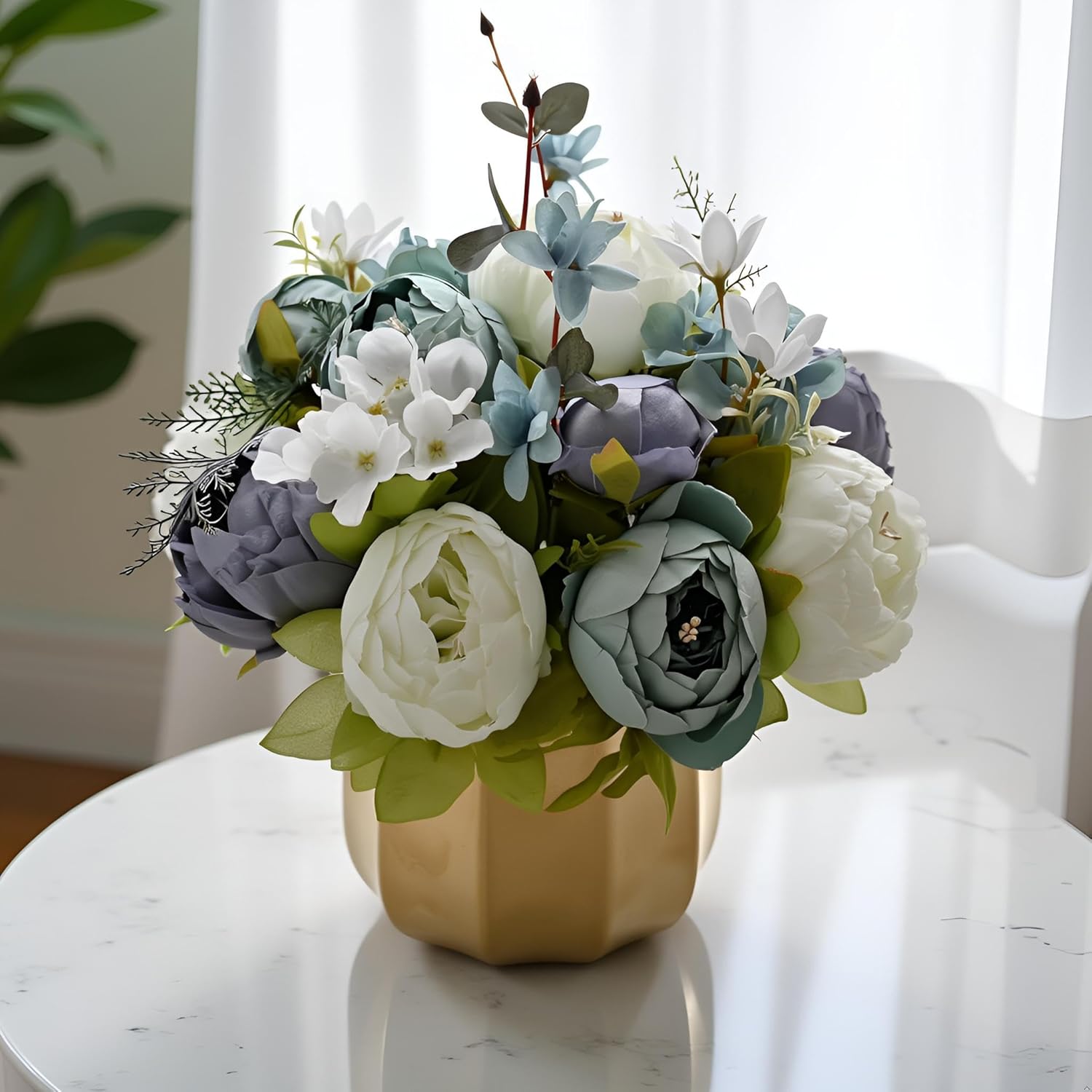Artificial Flowers In Vase,Faux Hydrangea Rose Flower Arrangements For Home Office Decoration, Dining Table Centerpiece
