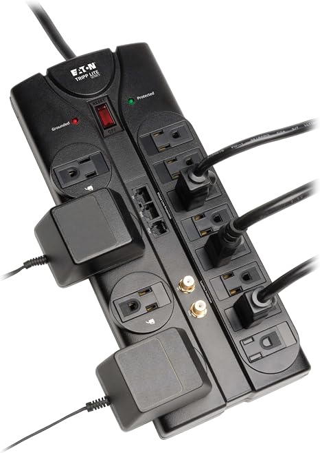 Home Theater Surge Protector Power Strip 12 Outlets 8FT Flat Plug Extension Cord 2880J TV Ethernet Protection