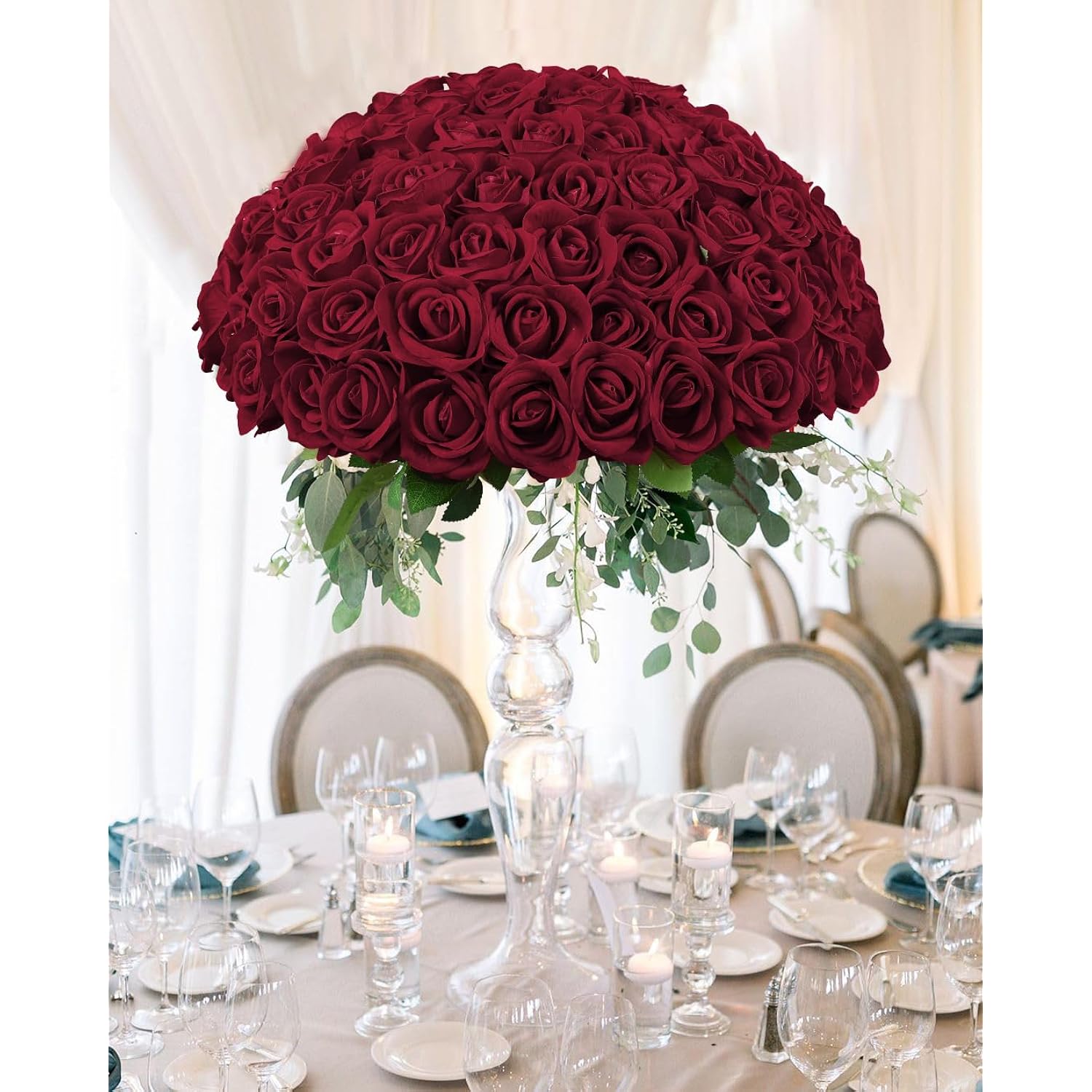 50Pcs Red Roses Artificial Flowers,Fake Velvet Rose Bulk, Artificial Roses Bouquet With Long Stems For Wedding Party Arrangement Centerpiece Decorations(Dark Red)
