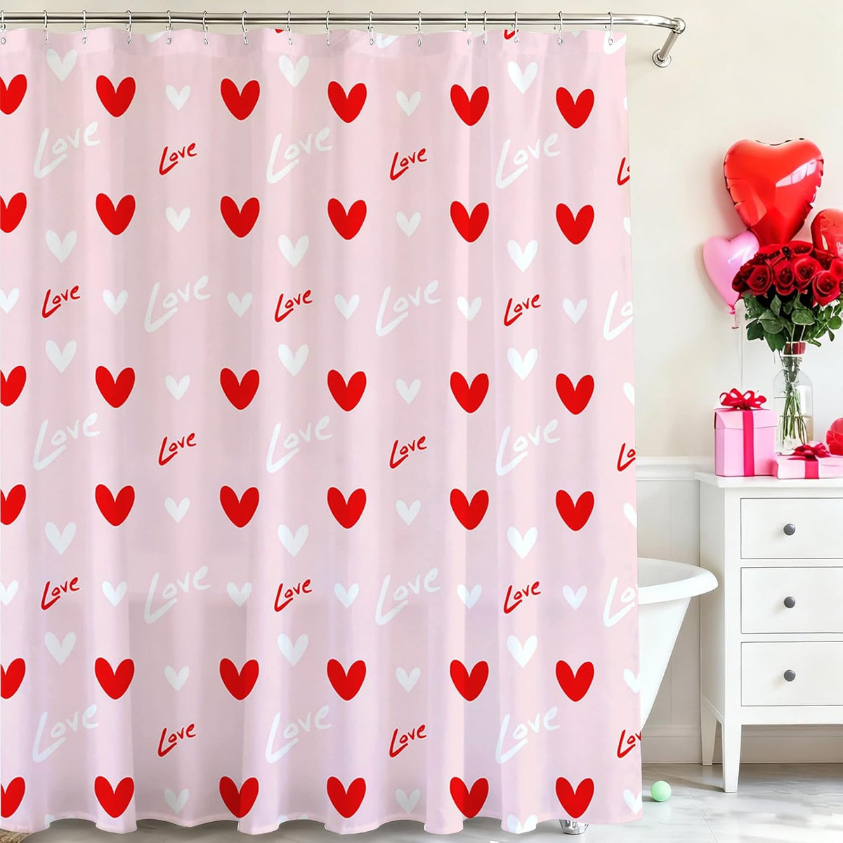 Valentines Shower Curtain Pink Red Heart Bathroom Shower Curtain Valentine Love Hearts Shower Curtains Bathtub Decor With 12 Hooks 72X72 Inches
