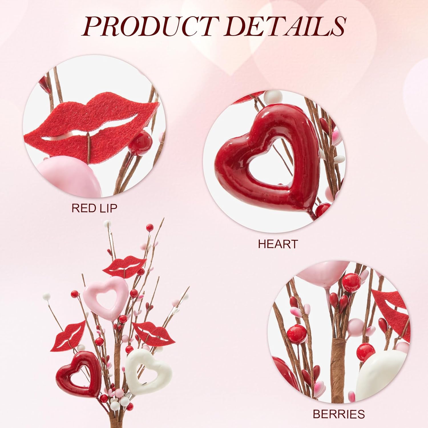 6Pcs Valentine'S Picks, Valentine Floral Picks Heart Lip Stems With With Red Pink White Berries, Valentines Day Artificial Flowers Arrangement For Valentines Wedding Gifts Home Decor