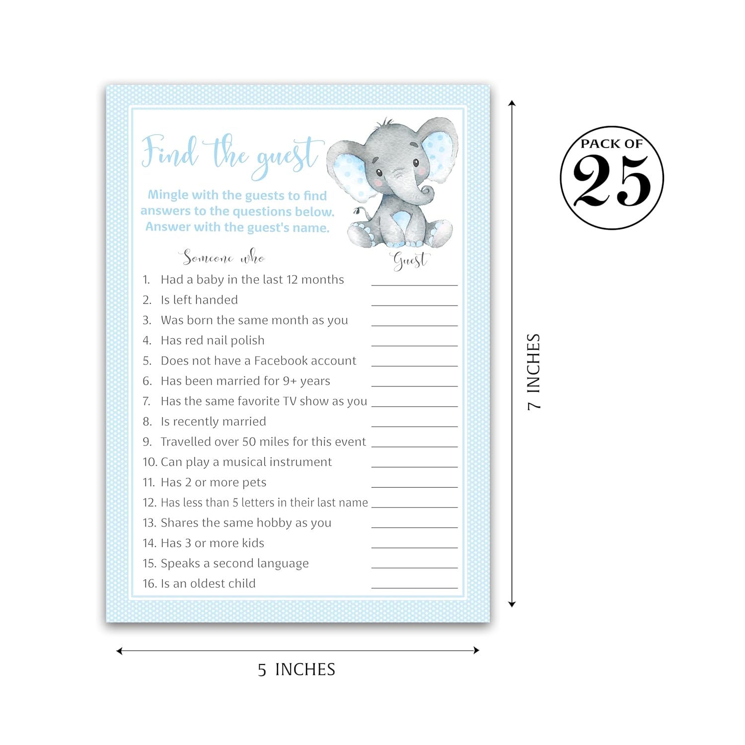 Find The Guest Baby Shower Game — Pack Of 25 — Blue Elephant Boy Shower Activity, Icebreaker Games, Guess Who Came To The Party, Baby Shower Quiz Couples Shower, Gender Reveal G501-Ftg