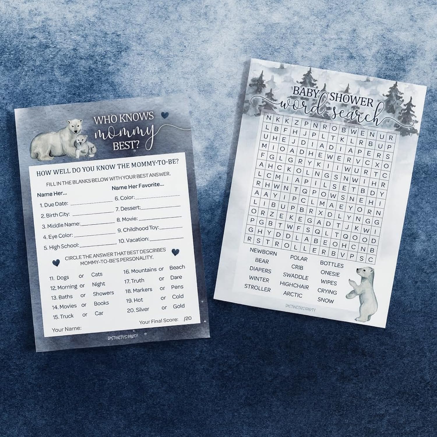 Polar Bear Winter Baby Shower Party Games - Who Knows Mommy Best And Word Search (2 Game Bundle) - 20 Cards, Baby It'S Cold Outside