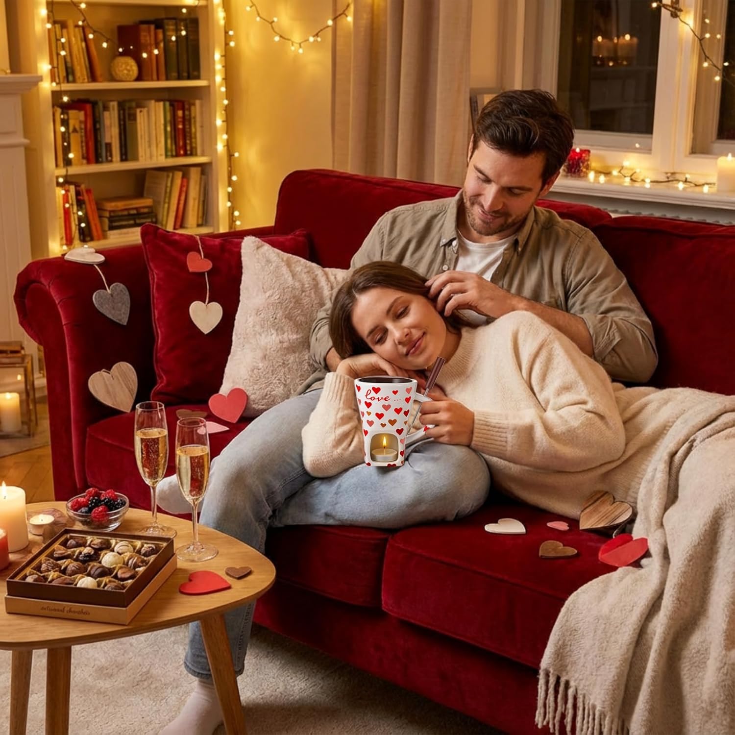 Valentines Chocolate Fondue Mug With Fork And 3 Candle Sweet Ceramic Personal Chocolate Melting Cup Ideal Couple Mom Gifts Birthday Date Night Birthday Wedding Gifts(White, Heart)