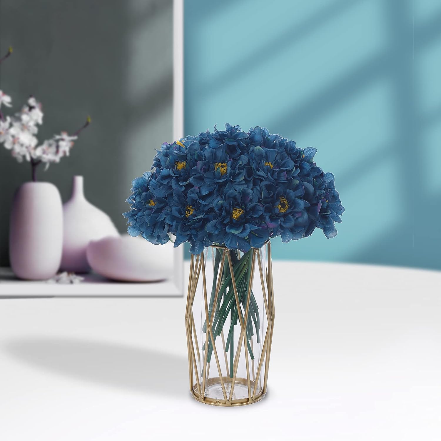 Artificial Flowers Silk Hydrangea Chrysanthemum Ball Flowers Arrangements Bouquets 21Pcs For Home Dining Table Core Party Wedding Decoration (Navy Blue, Pack Of 21)