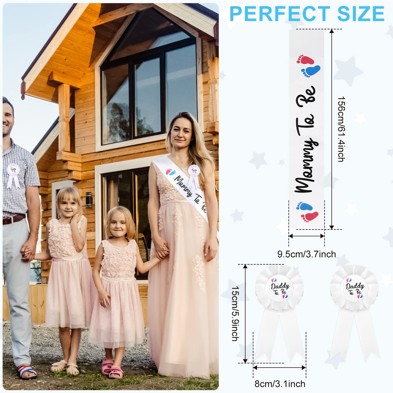 Mommy To Be Sash For Baby Shower With Mommy And Daddy To Be Tinplate Badge Pins With Red & Blue Foot Prints For Party Favors (3Pcs)