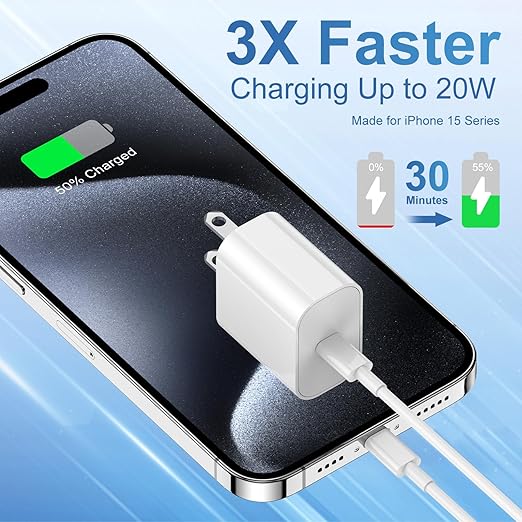 20W USB C Fast Charger with 10FT USB C to USB C Cable for iPhone 17 16 15 iPad AirPods