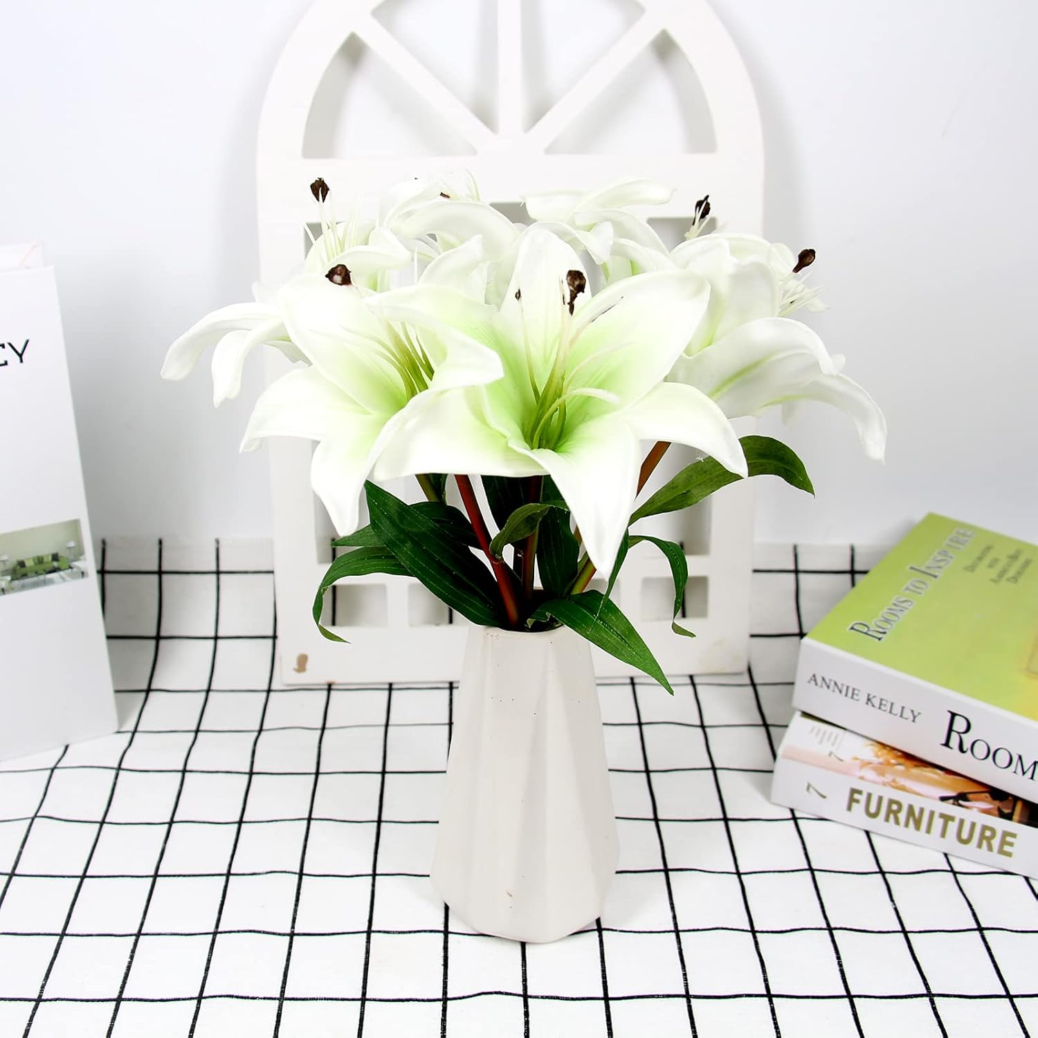 6 Pcs Artificial Lily Real Touch Fake Flowers Lily For Wedding Home Party Garden Shop Office Decoration Easter Lily (White, 6)