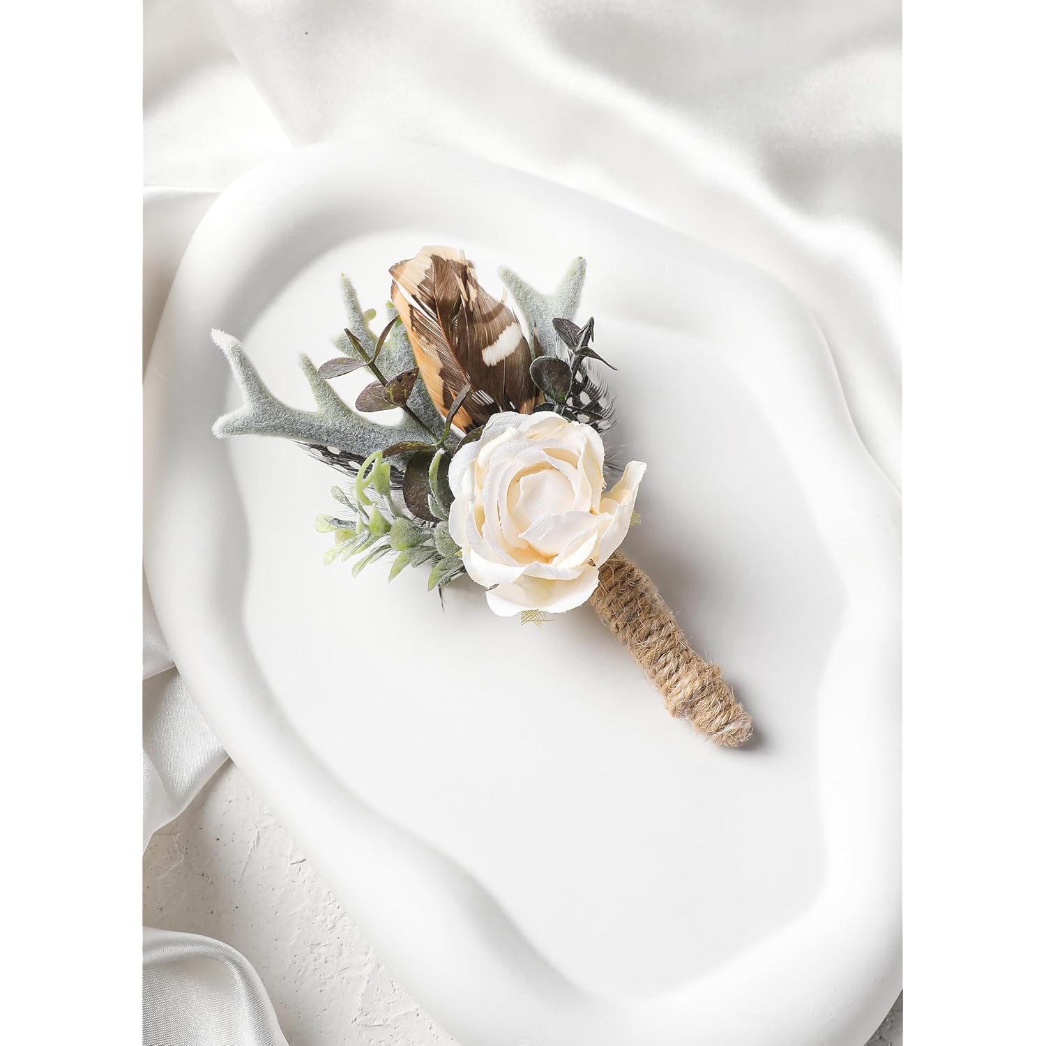 Rose Boutonniere For Men - Prom Boutonniere For Wedding Feather Rustic Boutonnieres For Groom Boho Corsage For Groomsmen Anniversary Formal Dinner Party Ceremony Celebration