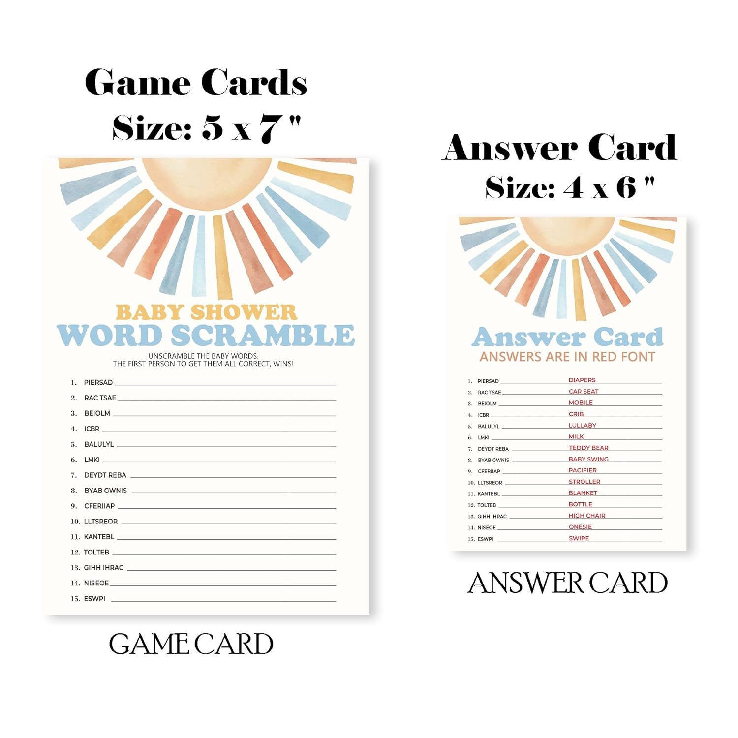 Sunshine Fill In Baby Shower Game Cards - Here Comes The Son - Word Scramble Game For Boys - Baby Announcement Gender Reveal Party Activities For New Parents To Be