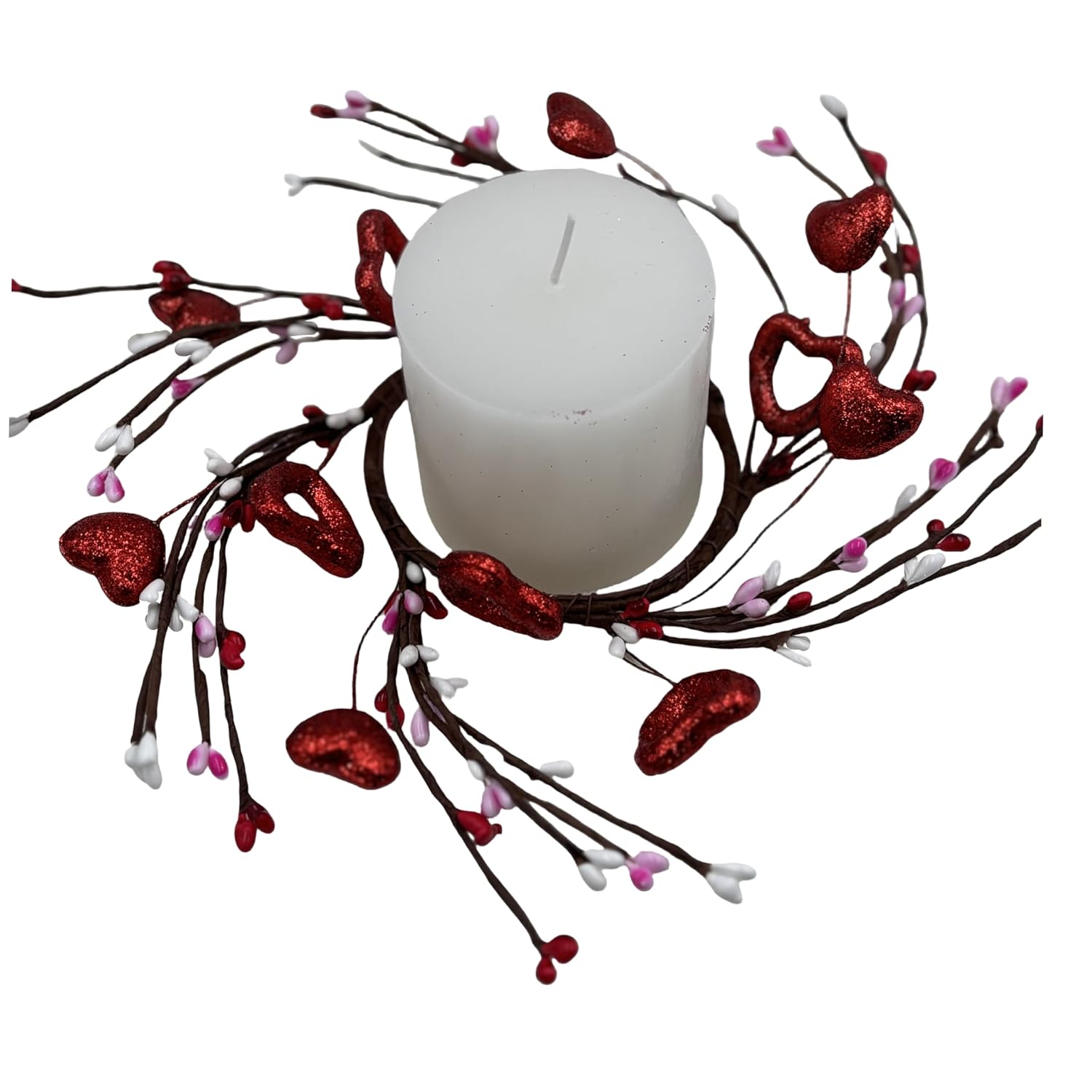 4 Pcs Glitter Red Heart And Berry Candle Wreath Holder Rings Pip Berry Candle Rings Mini Wreaths 4" Center For Christmas Wedding Windows Table Centerpieces (Red)