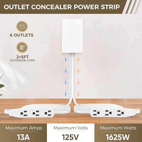 Outlet Concealer Power Strip Cover Extender 3 AC Outlets 5ft Flat Plug Cord