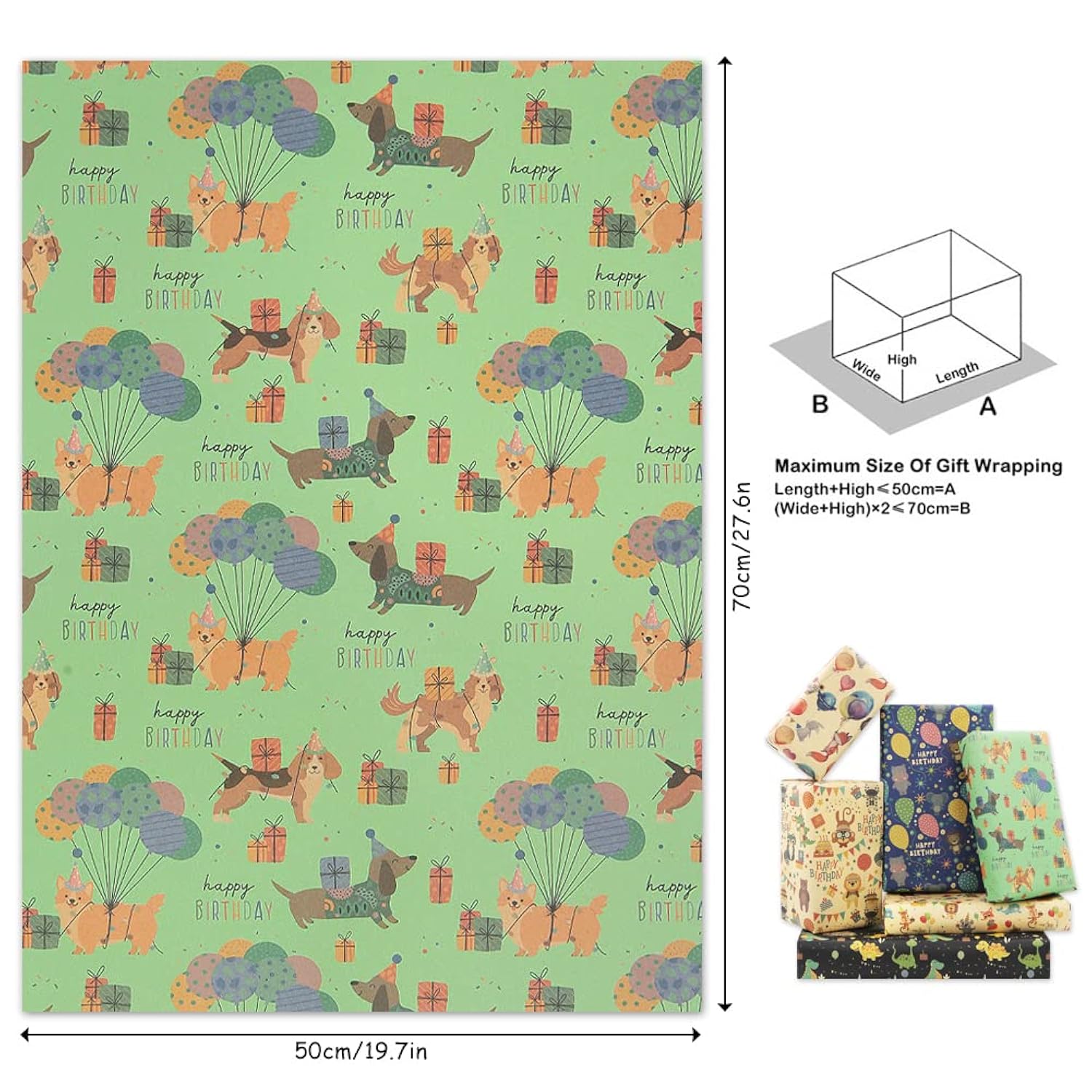Birthday Wrapping Paper For Boys Kids Girls, Happy Animals Party Dinosaur Design Kraft Gift Wrap Paper, Happy Birthday Wrapping Paper 6 Sheets Folded Flat 20X28 Inches Per Sheet