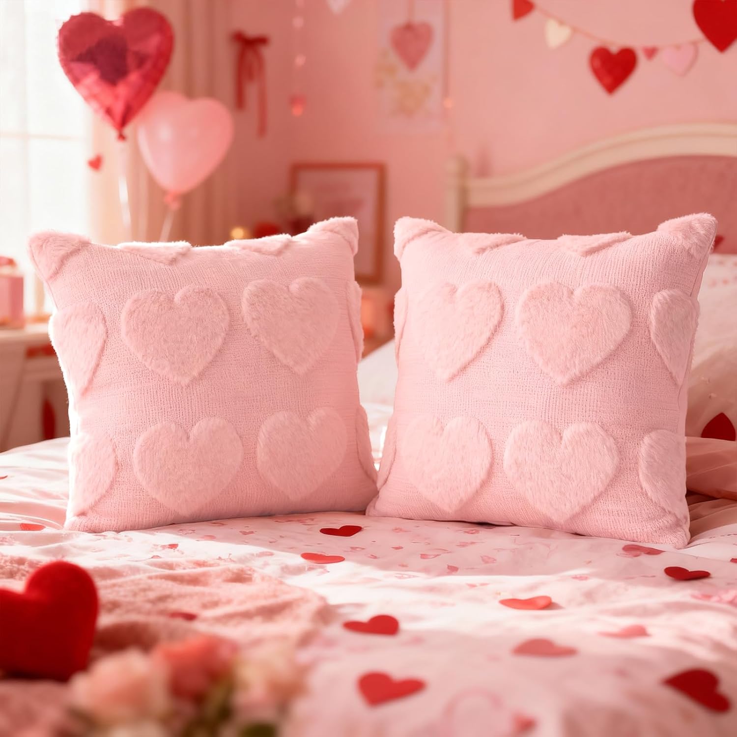 Valentines Day Throw Pillow Covers 18X18 Inch Set Of 2, Valentine Decoration Soft Plush Love Pillowcase Faux Fur Decorative Anniversary Cushion Cover For Sofa Home Decor (Pink, Big Heart)