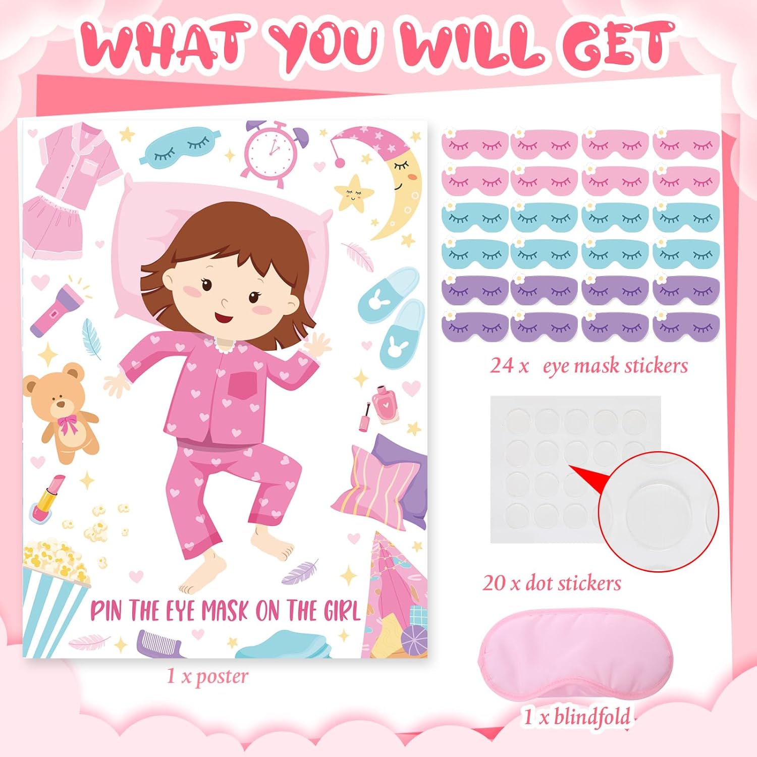 Sleepover Slumber Party Games Pin The Eye Mask Pajamas Games Sleepover Game Set Pajamas Poster Decor With 24 Stickers 1 Blindfold For Sleep Over Slumber Birthday Party Activities Game Supplies