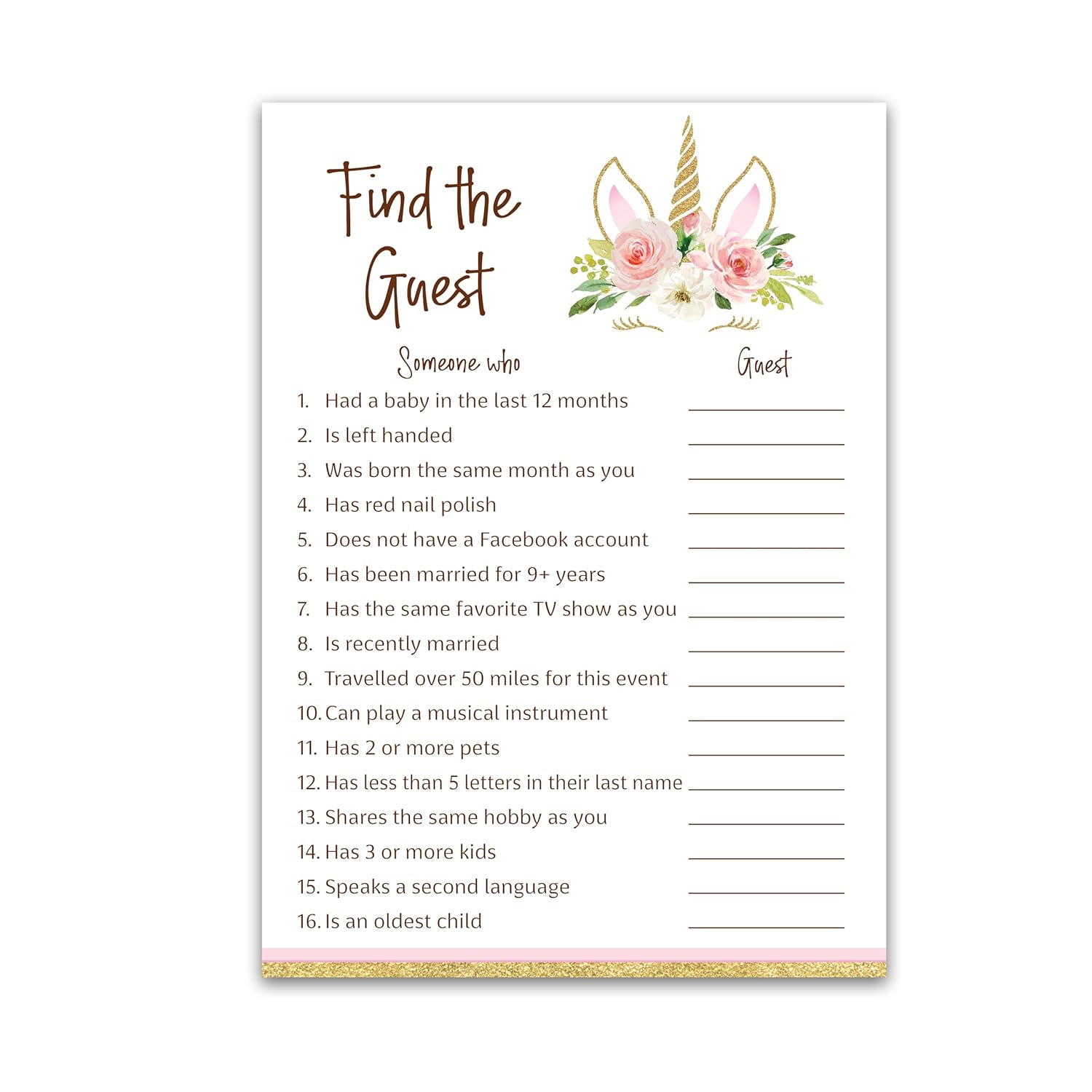 Unicorn Baby Shower — Find The Guest Girl Baby Shower Game — Pack Of 25 — Icebreaker Couples Shower Party Games, Pink Gold Magical Theme, Guess Who Came To The Party Game Birthday Activity G640-Ftg