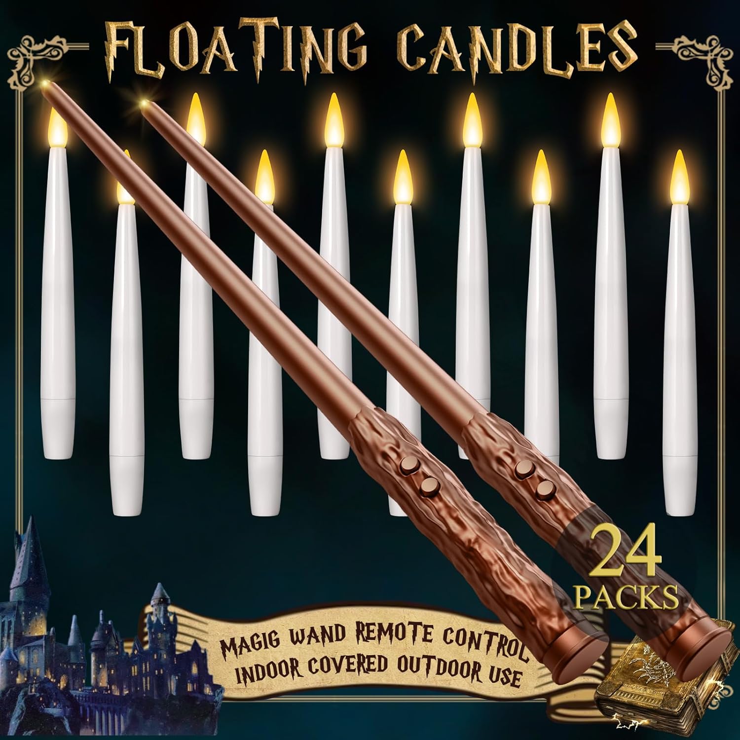 24 Pack Floating Candles With Wand Remote -Halloween Hanging Candle,Magic Flameless Taper Candles Floating Lights Gifts For Christmas Decorations Wedding Birthday Party Decor