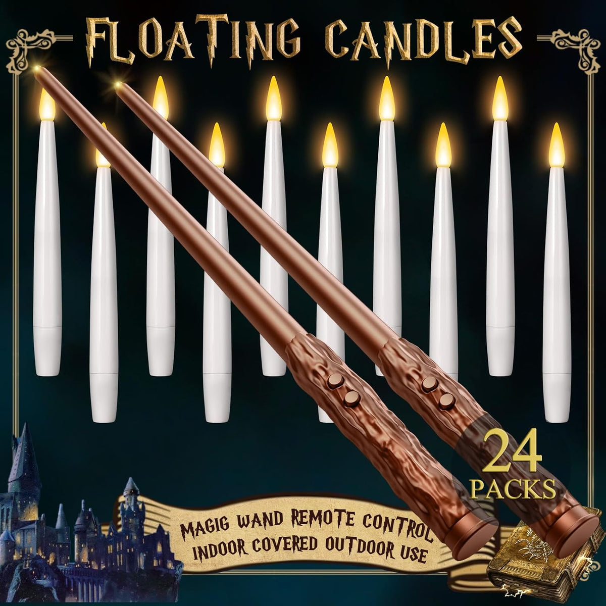 24 Pack Floating Candles With Wand Remote -Halloween Hanging Candle,Magic Flameless Taper Candles Floating Lights Gifts For Christmas Decorations Wedding Birthday Party Decor