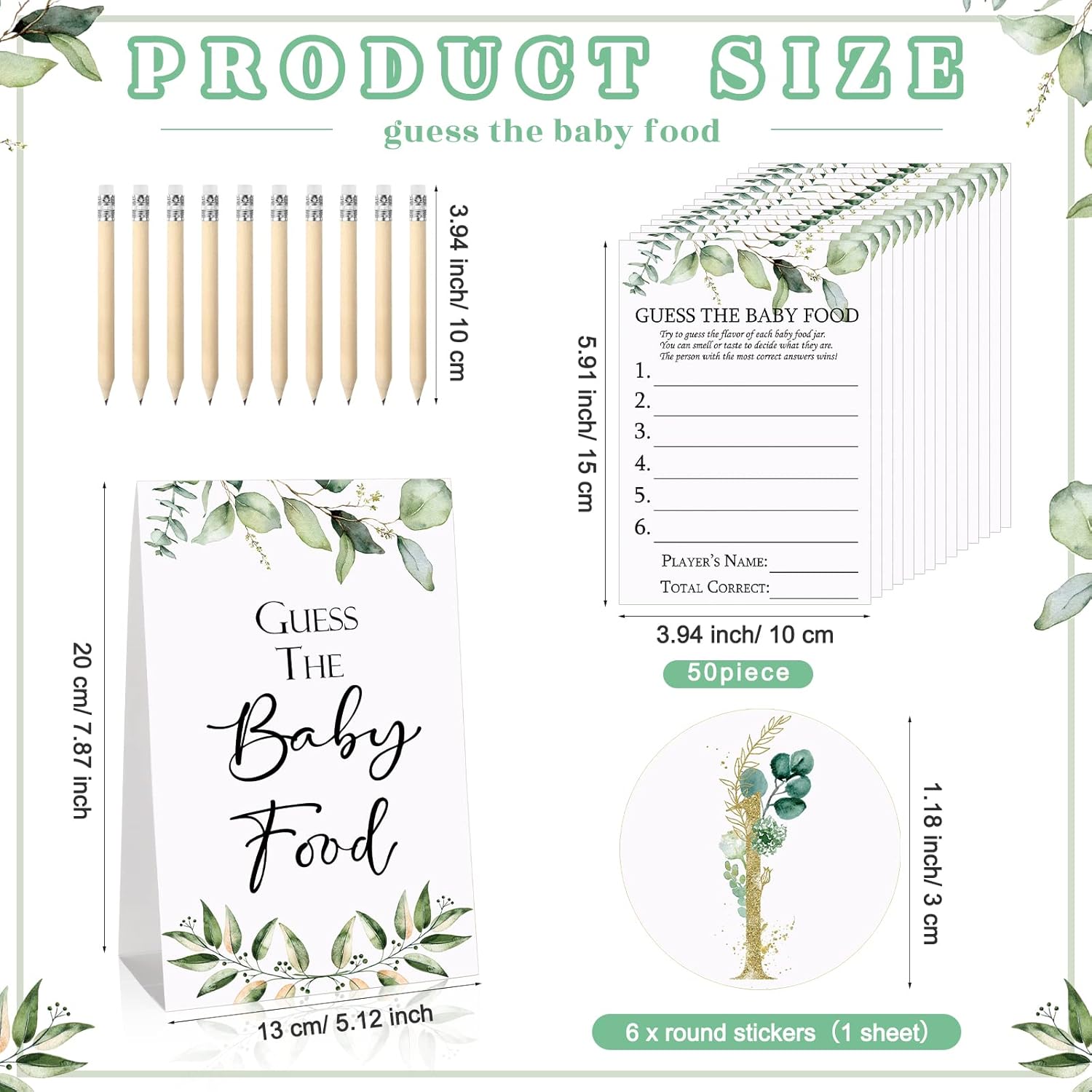 67 Pcs Guess The Baby Food Game Greenery Baby Shower Games Set 1 Standing Sign 50 Answer Cards 10 Pencils 6 Number Stickers For Gender Reveal Party Decoration Supplies
