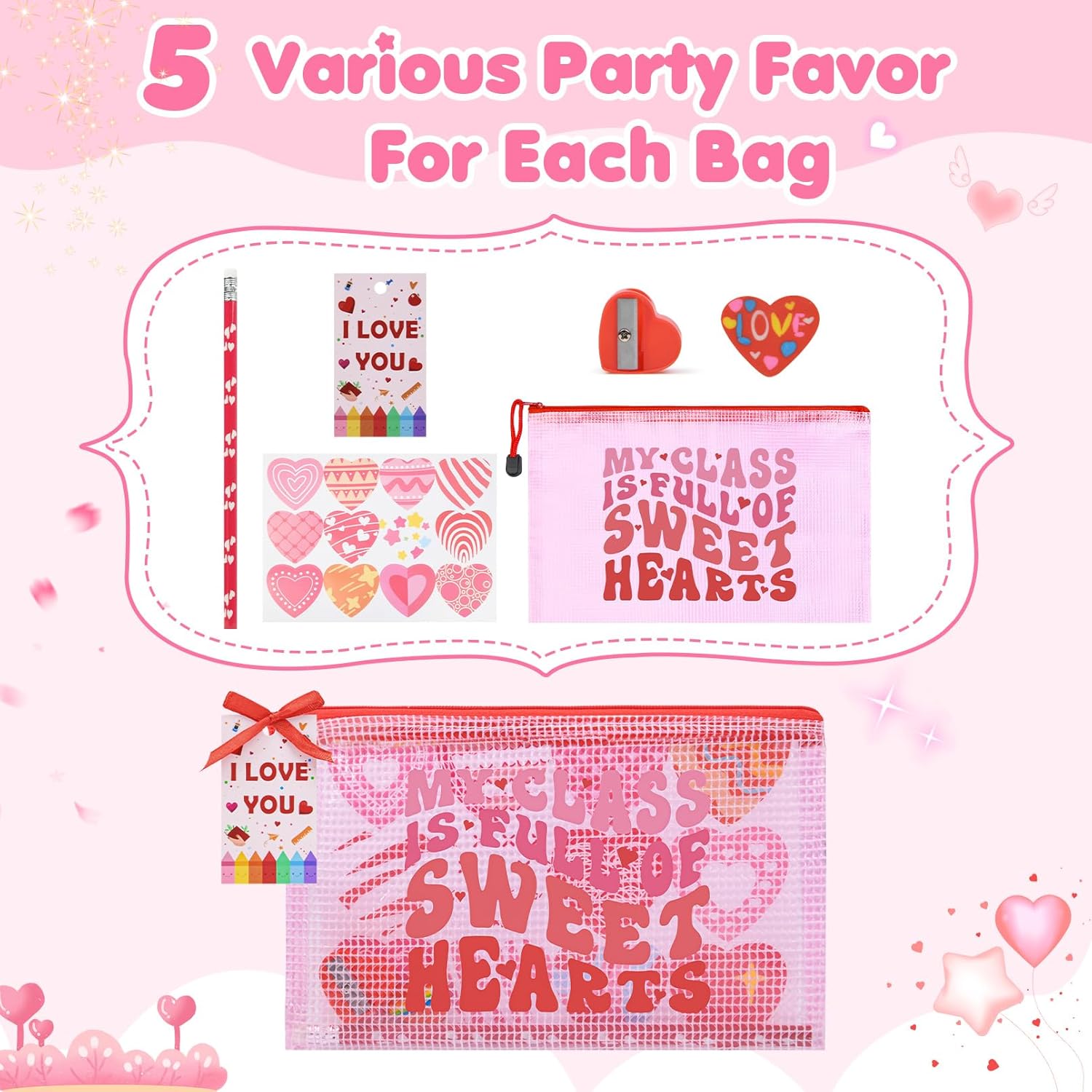 24 Pack Valentines Gifts For Students Classroom Exchange - Bulk Valentines Party Favors Birthday Goodie Bags Class Rewards Prizes Stationery Set With Reusable Zipper Pouches With Cards