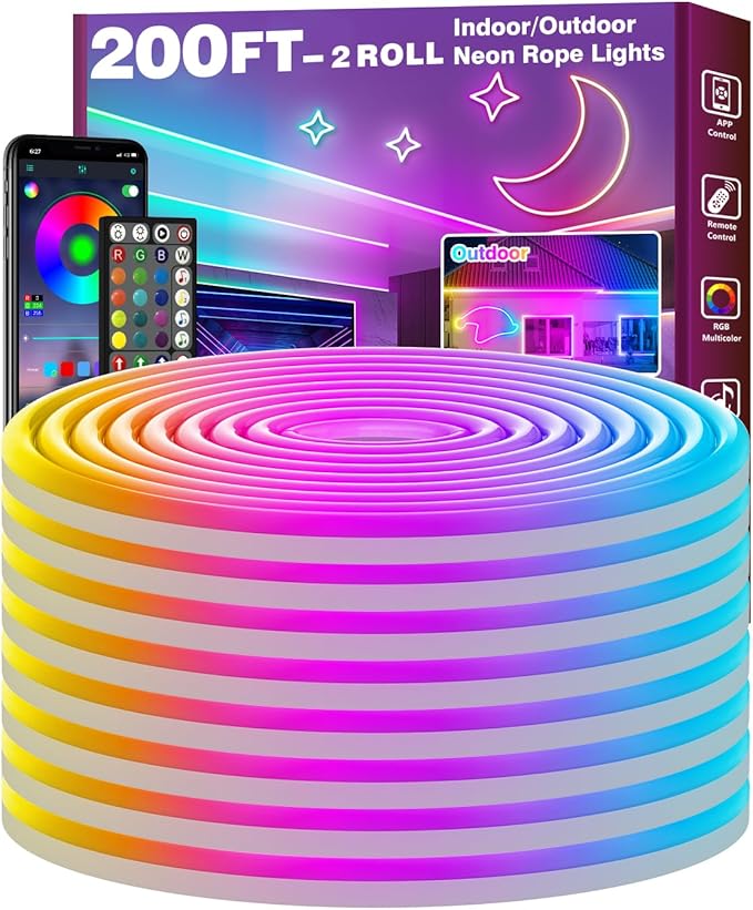 200FT RGB LED Rope Lights App & Remote Control Music Sync Waterproof Neon Strip Lights