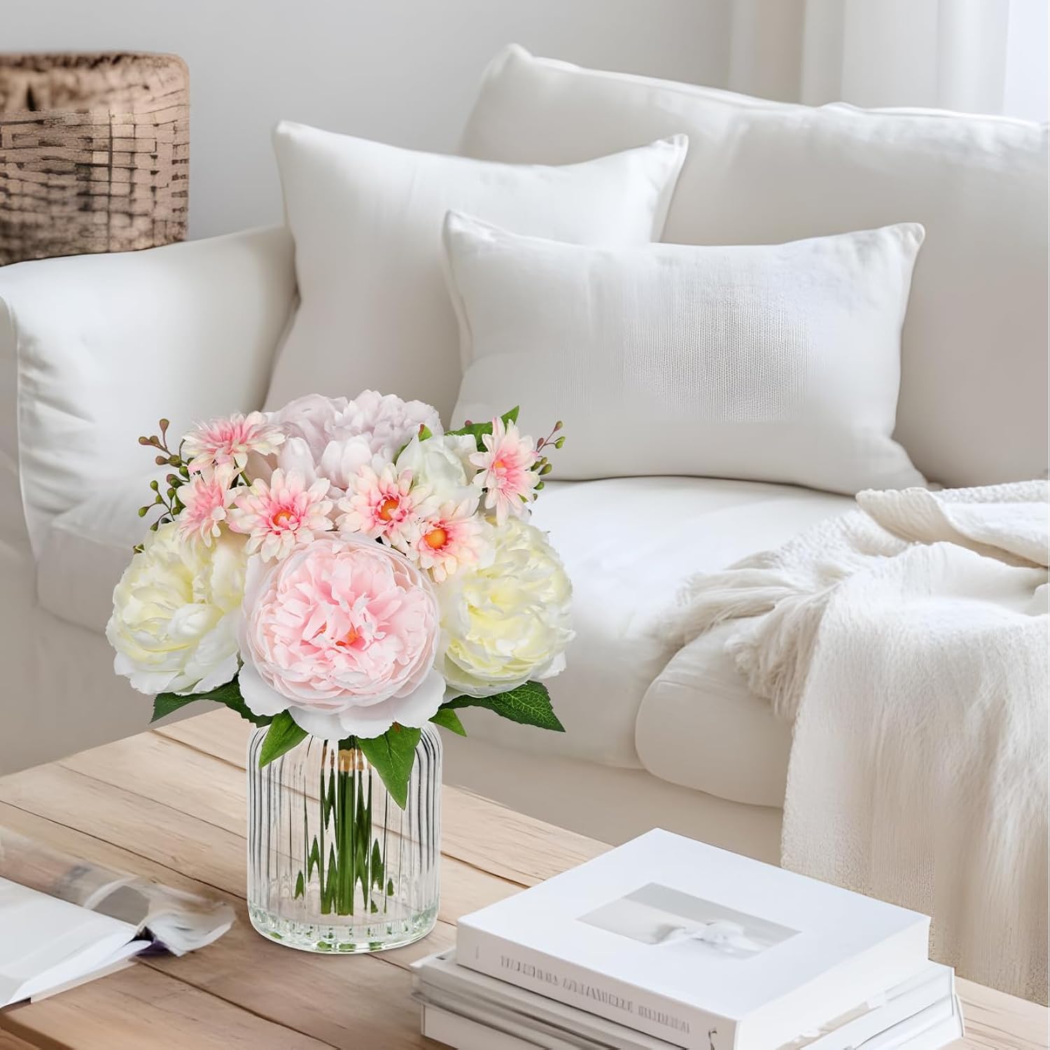 Artificial Flowers In Vase Pink Silk Peony & Daisy Faux Floral Arrangements For Table Centerpieces, Home Office Kitchen Bathroom Decor, Spring Fake Flower Arrangement