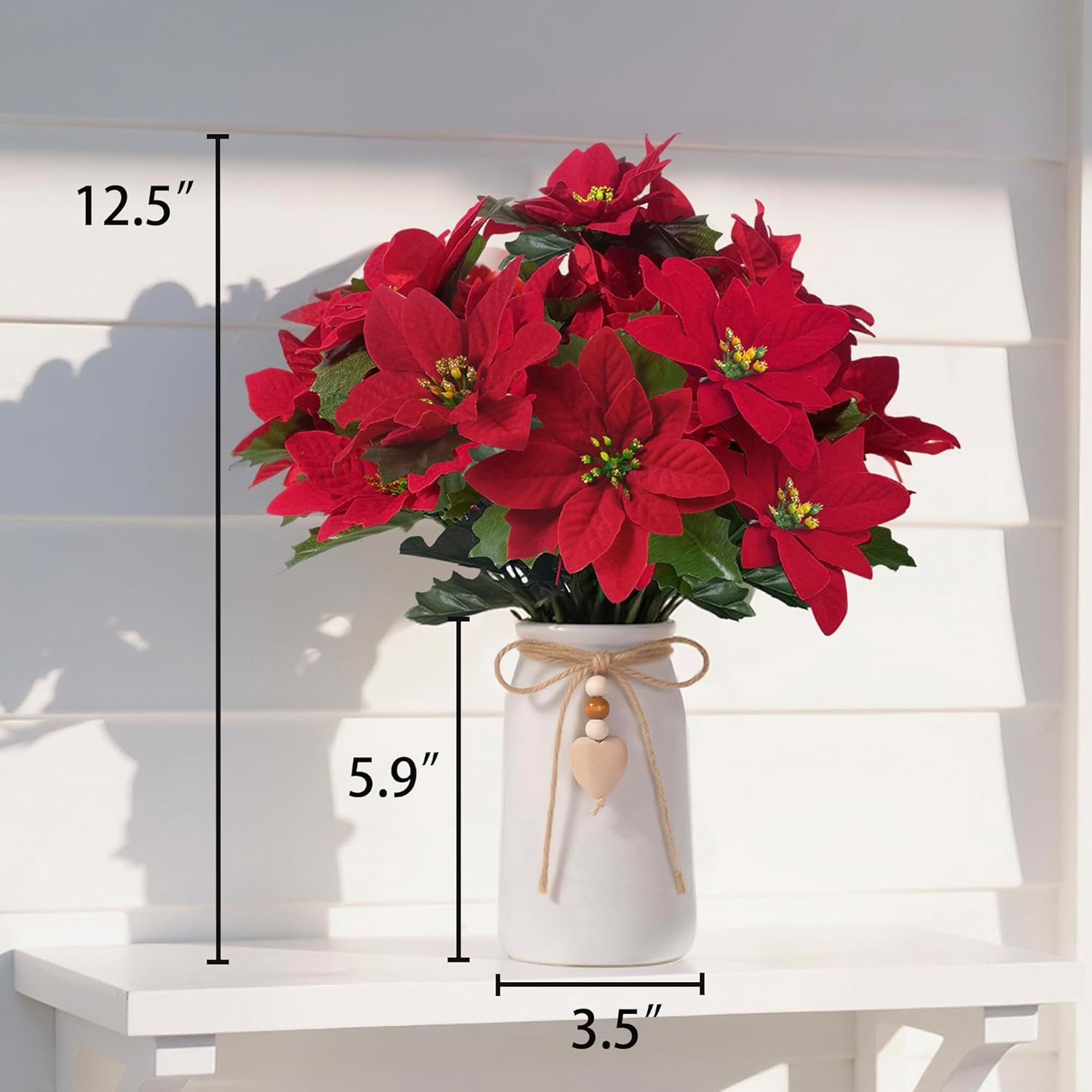 Artificial Red Poinsettia Christmas Flower Arrangement In White Ceramic Vase, Xmas Holiday Faux Floral Centerpiece Ornaments For Home, Office, Table, Shelf, Or Gift Décor