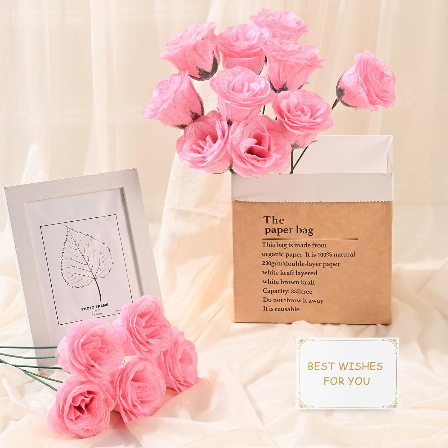 Pink Glitter Roses Bouquet, Diy Fake Flowers Bouquet, Artificial Rose Bouquet For Valentines, Anniversary, Engagement, Wedding, 36 Roses