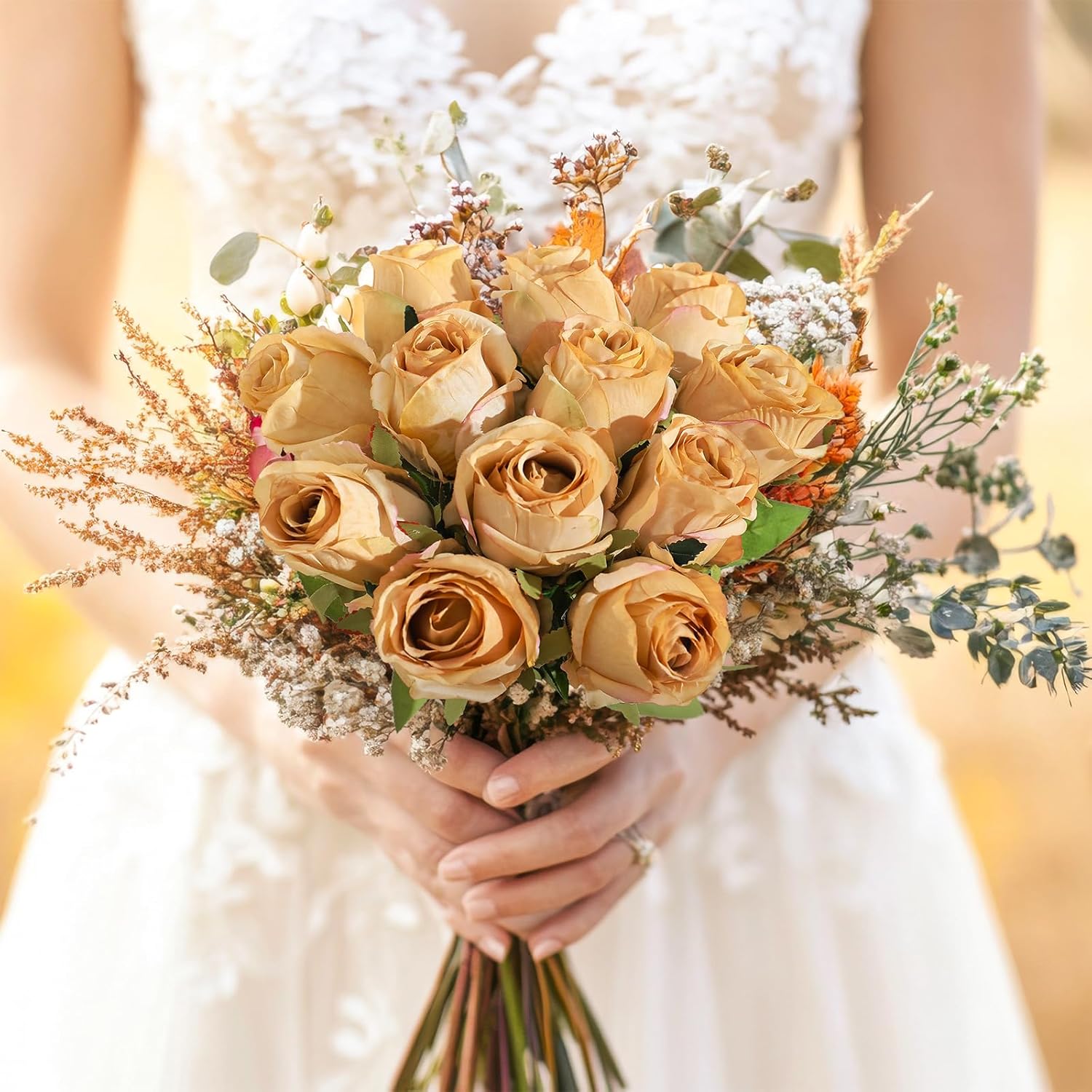 12Pcs Realistic Fake Champagne Roses Faux Flowers With Long Stems, Artificial Silk Rose Flowers For Valentines Day Home Wedding Decor Bridal Bouquet