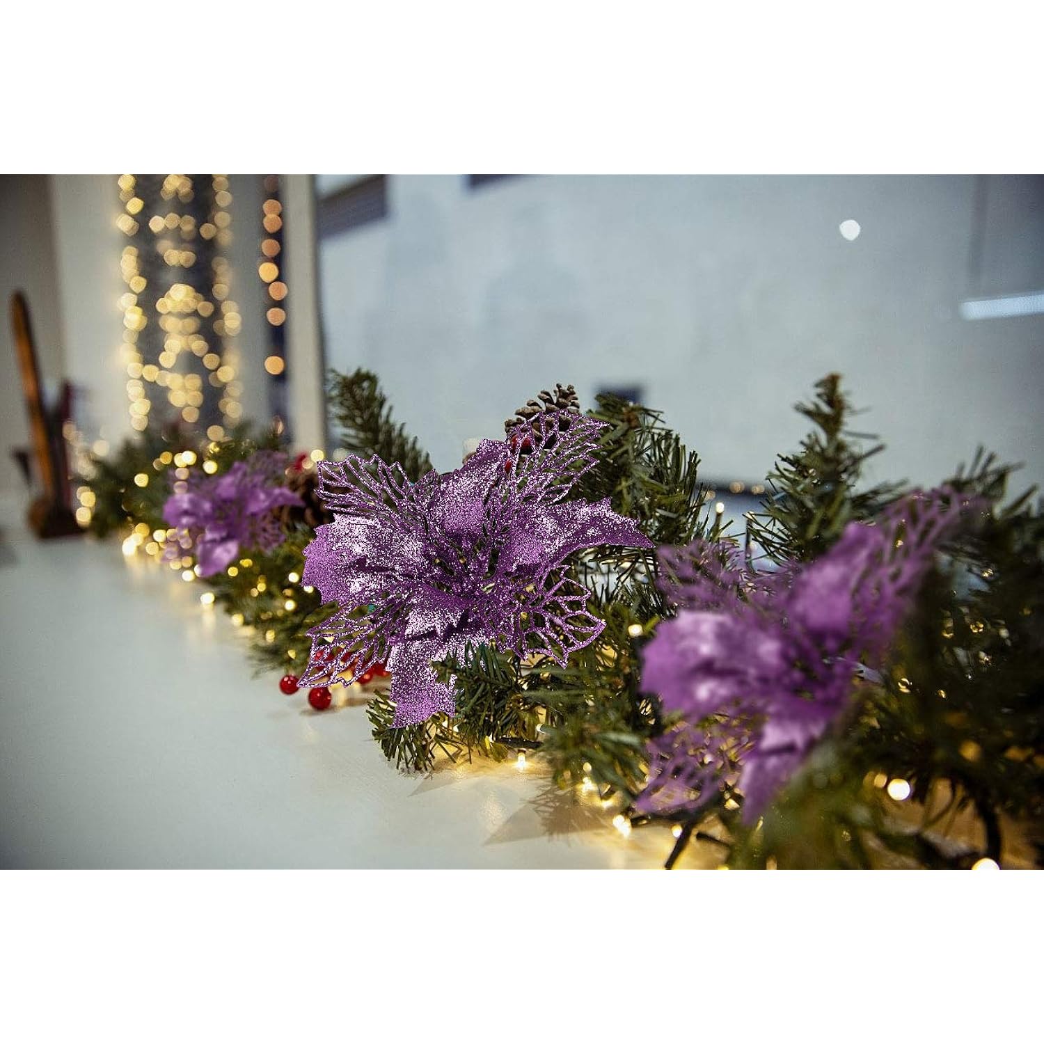 10 Packs Christmas Glitter Poinsettia Flowers Artificial Christmas Flowers Decorations Wedding Xmas Tree New Year Ornaments Xmas Garland Wreath Diy Decorations Supplies(Light Purple)