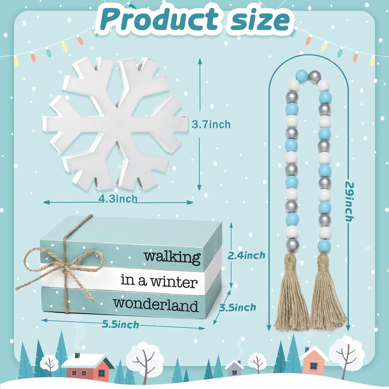 5Pcs Winter Wooden Tiered Tray Decor, Wooden Book Stacks Bundle With Snowflake Table Decor, Blue Xmas Rustic Farmhouse Tabletop Centerpieces Home Kitchen Decoration