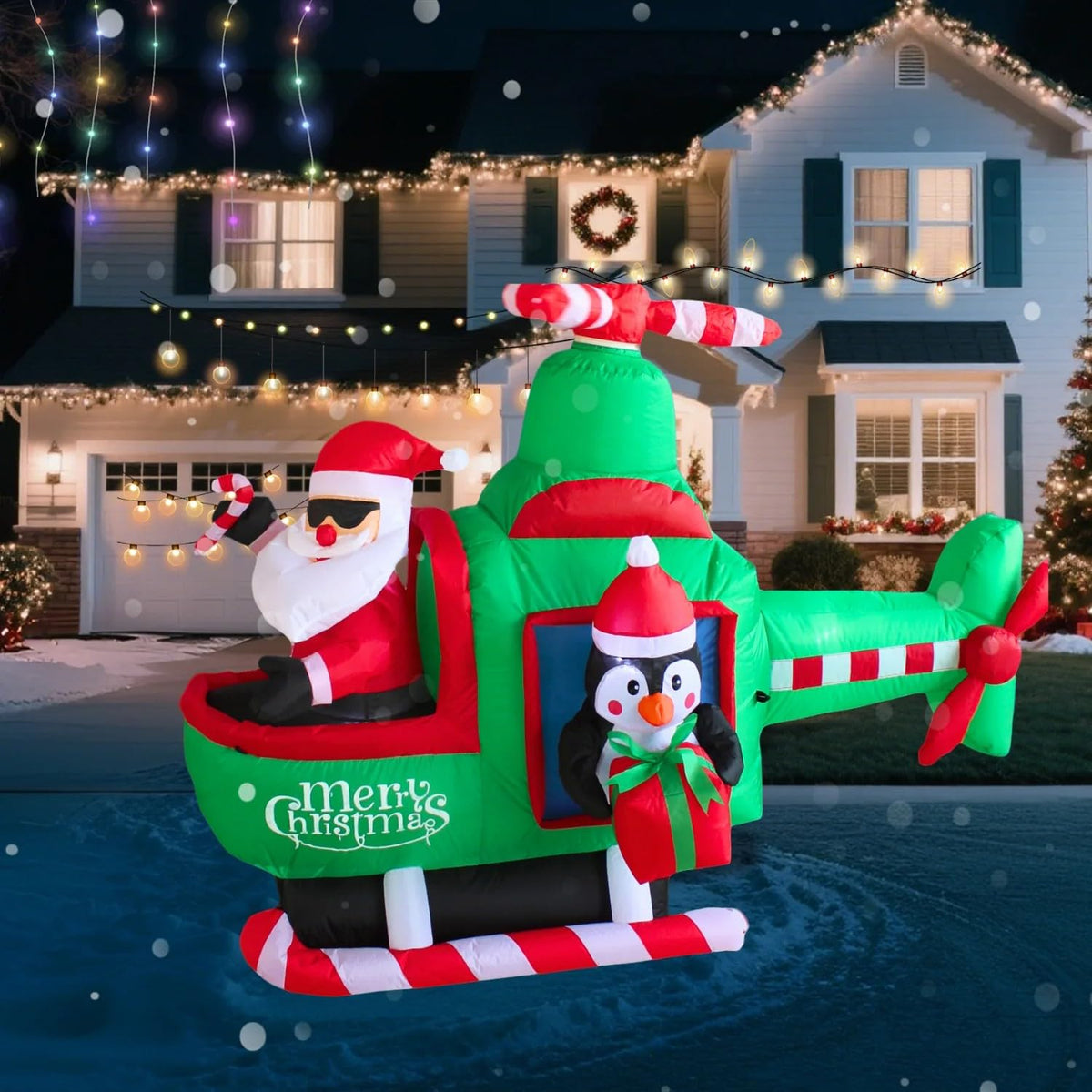 6.5Ft Inflatable Helicopter With Santa Outdoor Decoration, Christmas Blow Up Yard Decorations, Built-In Led Lights Infla