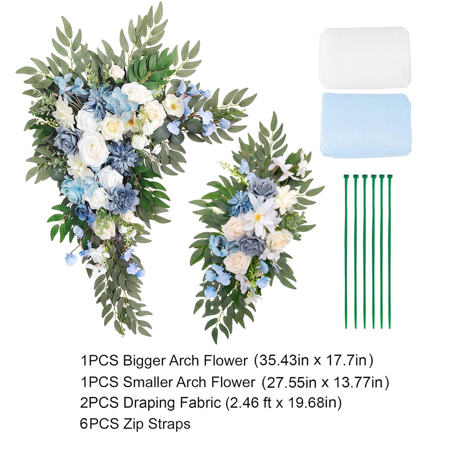 Wedding Arch Flowers With Drapes Kit (Pack Of 4), 2Pcs Artificial Flower Arrangement With Draping Fabric Light Blue Floral Swag For Wedding Ceremony Arbor And Reception Backdrop Decoration
