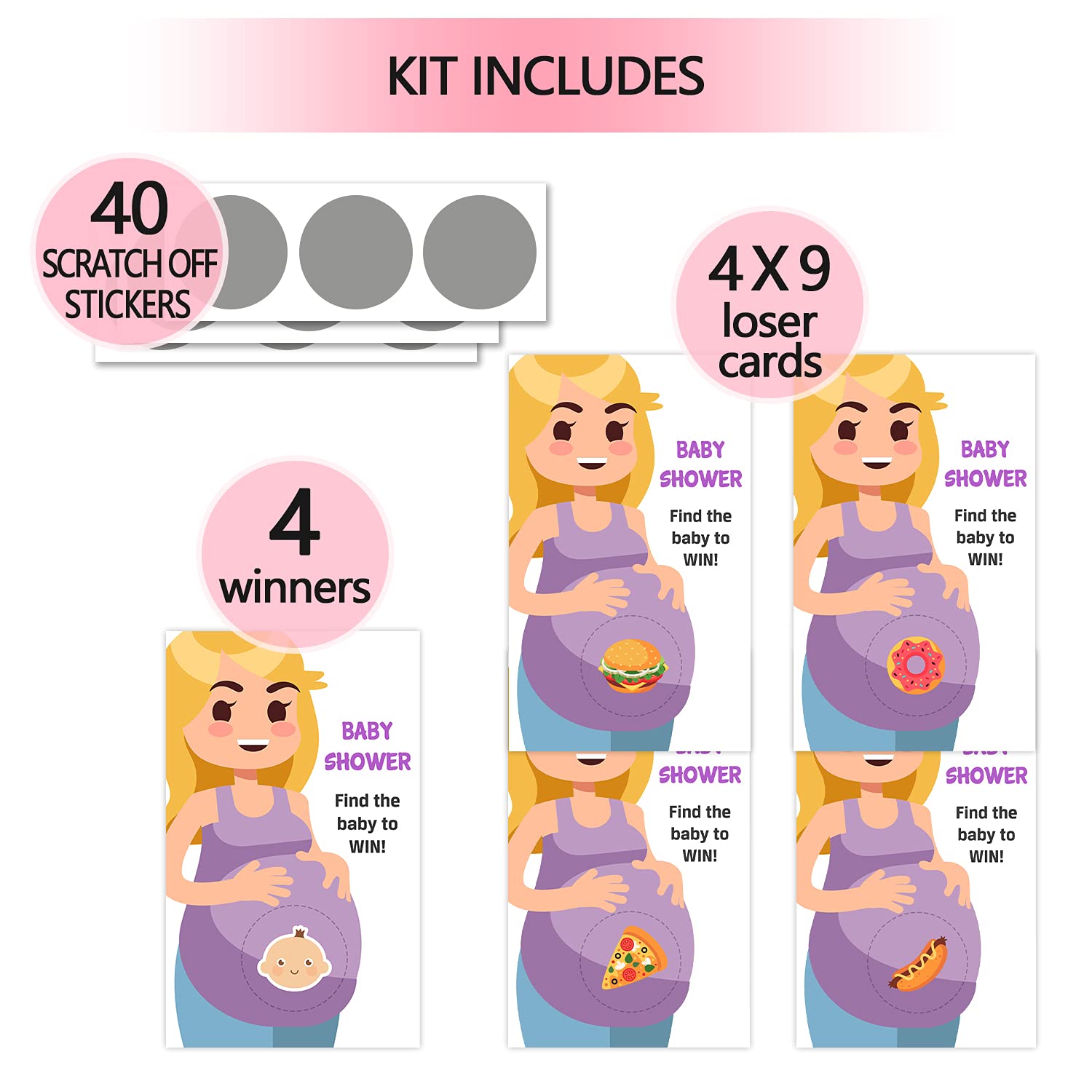 40 Cute Baby Shower Games - Scratch Off Lottery Ticket Raffle Cards - 4 Winners & 4 Loser Designs