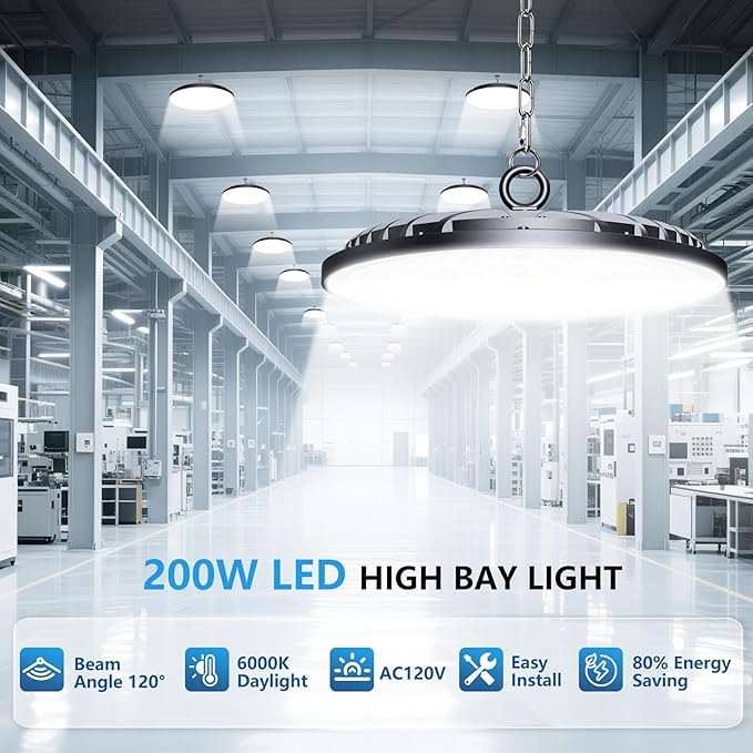 6 Pack 200W UFO LED High Bay Lights 30000LM 6000K Commercial Shop Lighting for Warehouse Garage Gym