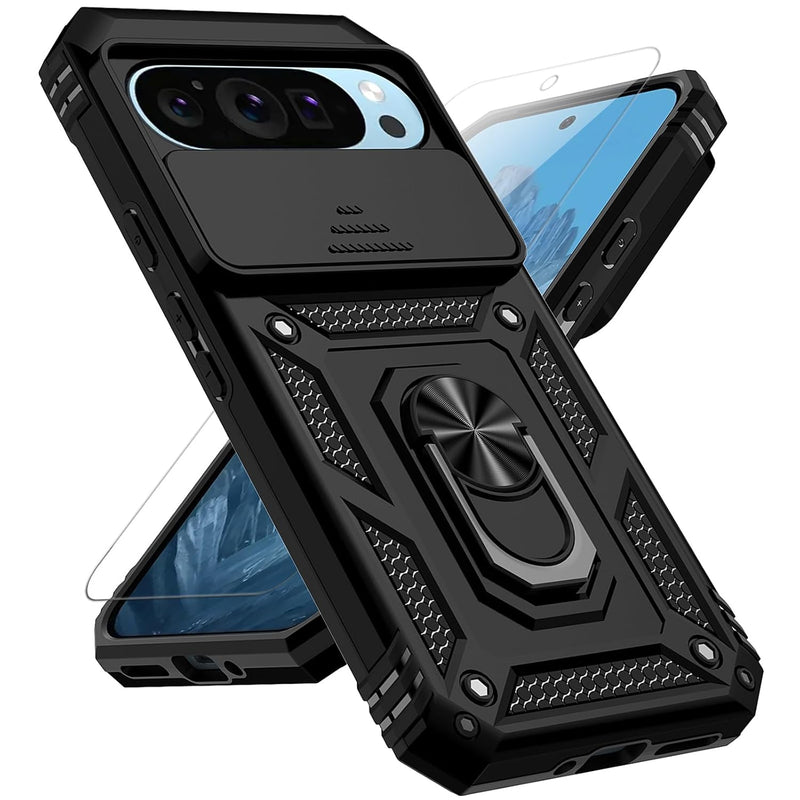 Pixel 9 Pro XL Case, Slide Camera Cover, Screen Protector, Ring Kickstand, Black