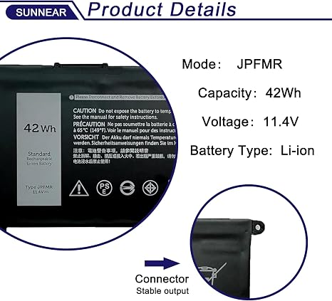 42Wh JPFMR Replacement Laptop Battery for Dell Chromebook 3100 3400 5493 5593 16DPH