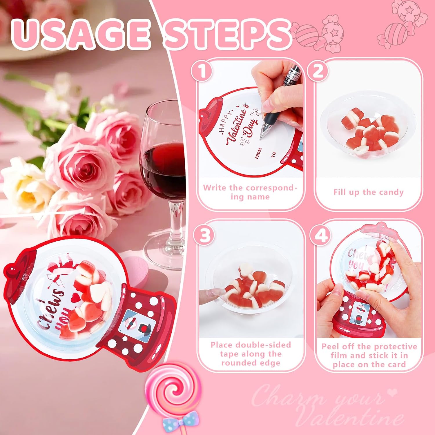 45 Pack Valentine'S Day Cards For Kids Classroom, Valentines Candy Holder Cards With Bubble Gum Machine Designs, Diy Valentine Exchange Gifts For Boys Girls School Party Favors, Not Included Candy