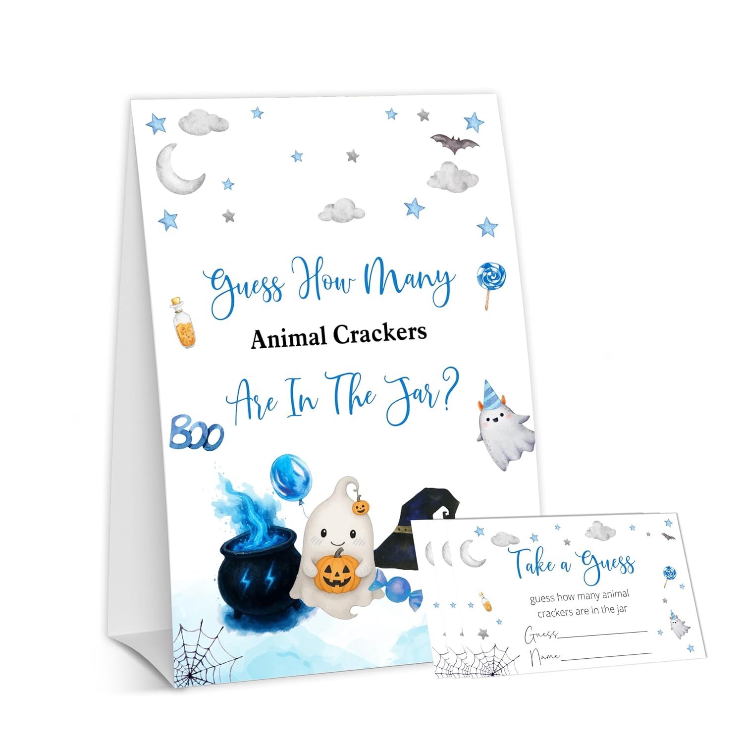Halloween Baby Shower Games, Little Ghost Guess How Many Animal Crackers For Boys Or Girls Spooky Gender Reveal Party Decorations, 1 Sign + 50 Guessing Cards - B02