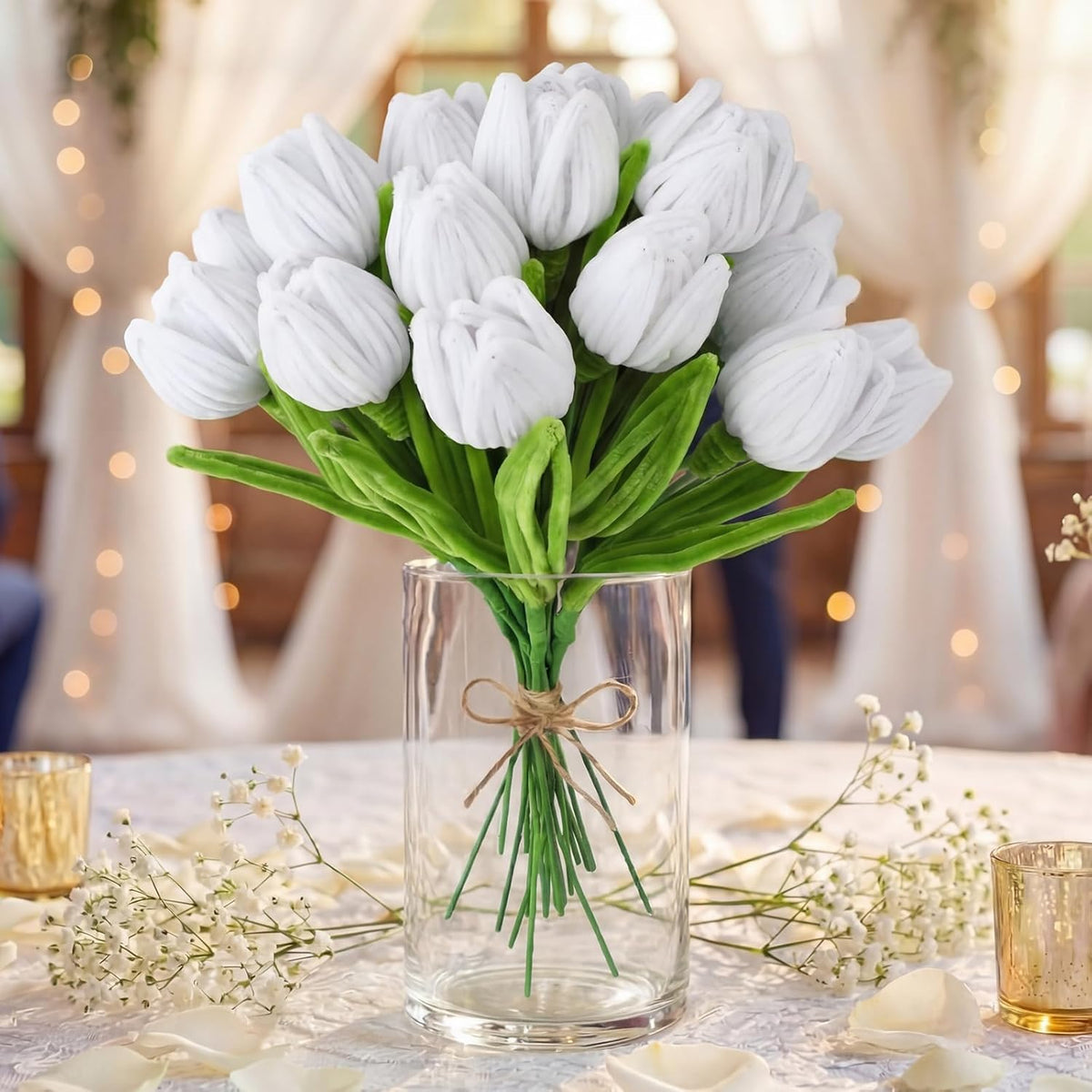 20 Pcs Artificial White Tulip Flowers 13.8" Valentines Bouquet Completed Pipe Cleaners Chenille Knitted Flowers Fake Tulip For Valentines Wedding Mother'S Day Gift Birthday Home Decor