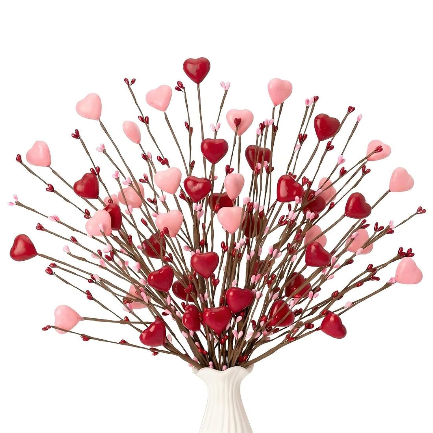 Valentine Picks, 4Pcs Heart Shaped Artificial Red Berry Twig Stem Branches With Red Pink Heart, Valentine’S Day Gifts For Anniversary Flower Bouquets Wedding Party Home Decor