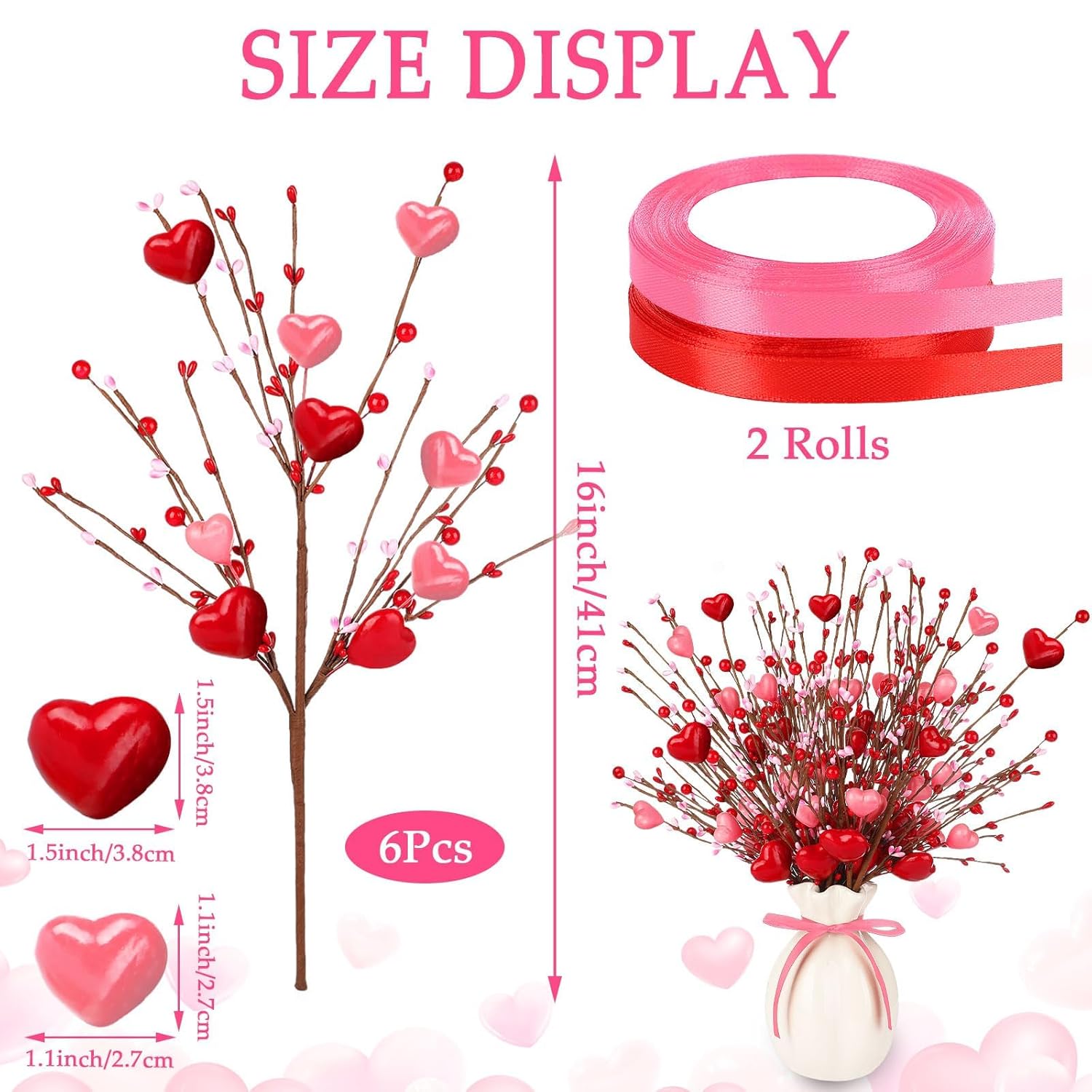 Valentine’S Day Picks, Artificial Berry Stems Heart Shaped Berry Picks With 2 Roll Ribbons Artificial Berries Branches For Valentine’S Day Mother’S Day Wedding Banquet Party Decor