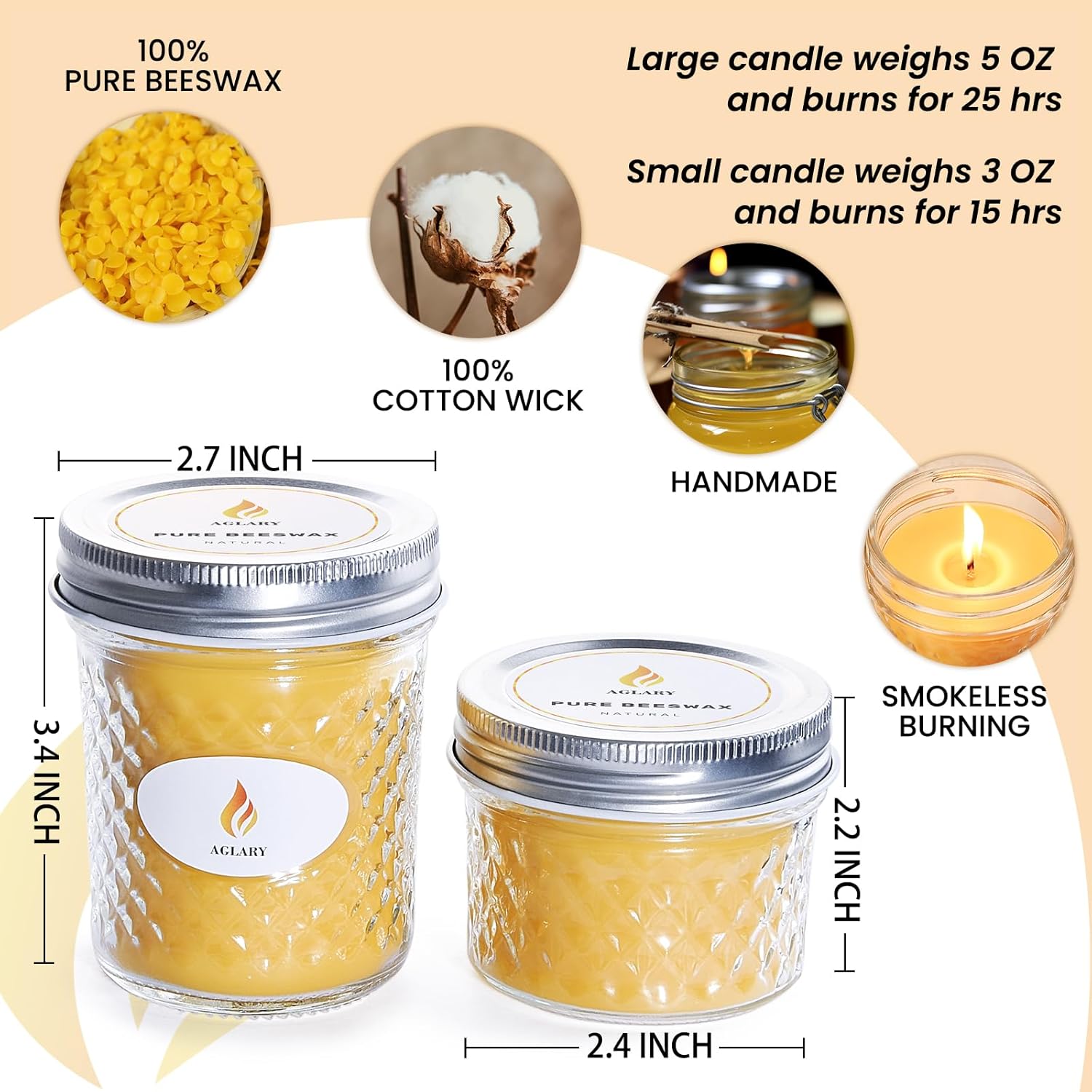 3Pcs Beeswax Candle In Glass, 3Oz,Over 21H Burn Time, Elegant And Natural Home Lighting,Unscented Beeswax-Raw
