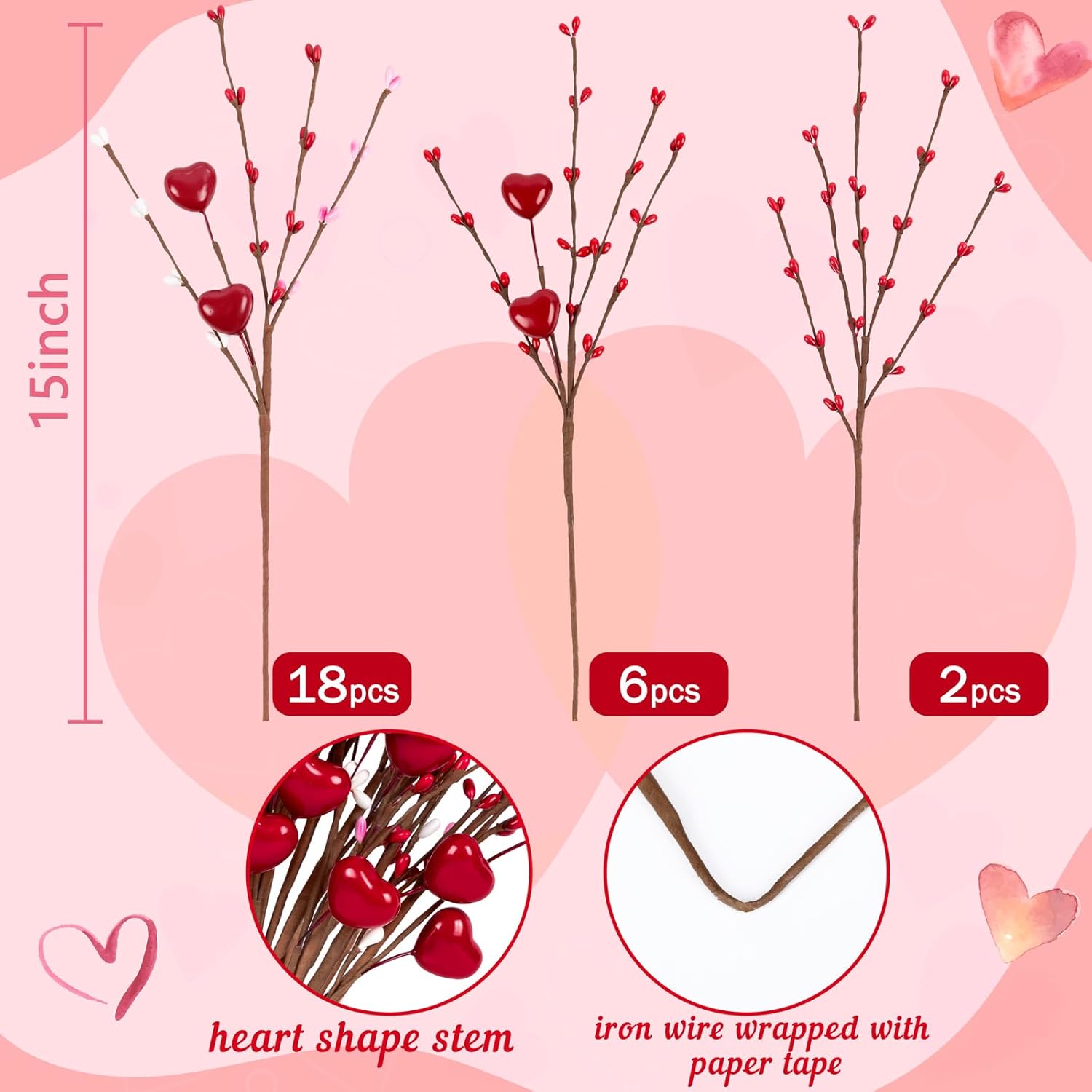 26Pcs Valentines Decorations Day Artificial Flowers Picks Decor - Berry Stems With Red Heart Gifts For The Home Table Centerpieces - Style 1