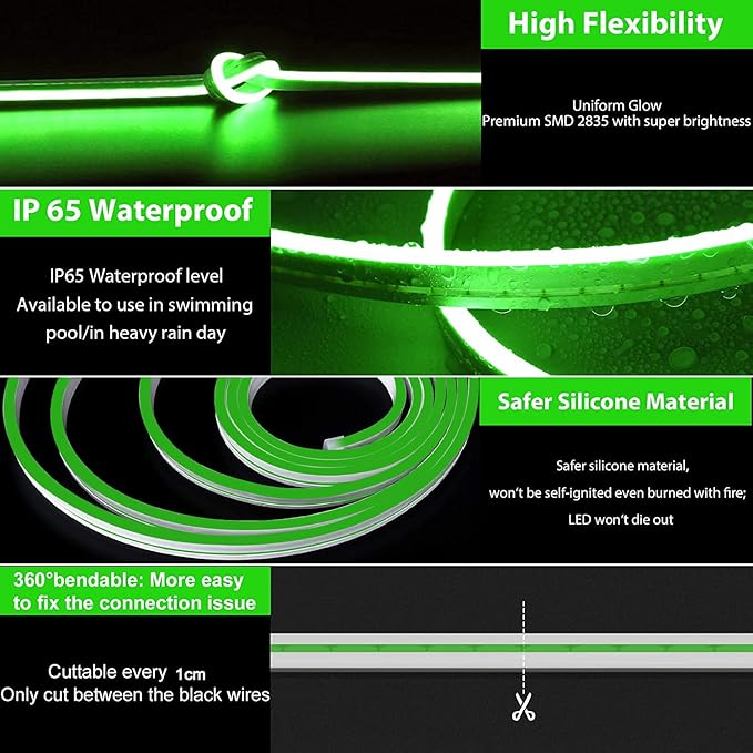 16.4FT Green LED Neon Rope Lights 12V Waterproof Cuttable Flexible Strip Lights