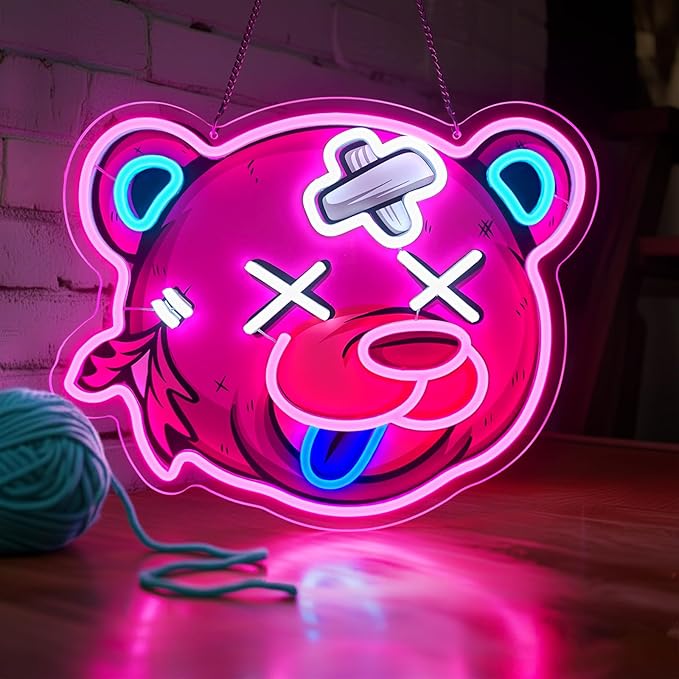 Pink Bear Neon Sign Dimmable LED Wall Light Acrylic Bear Head Decor for Girls Room Bedroom